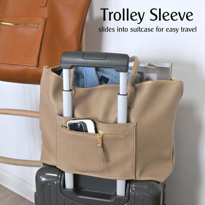 Tote Bag for Women with Zipper Vegan Leather Handbag with Trolley Sleeve Travel Weekender Carryall Bag (Nude)