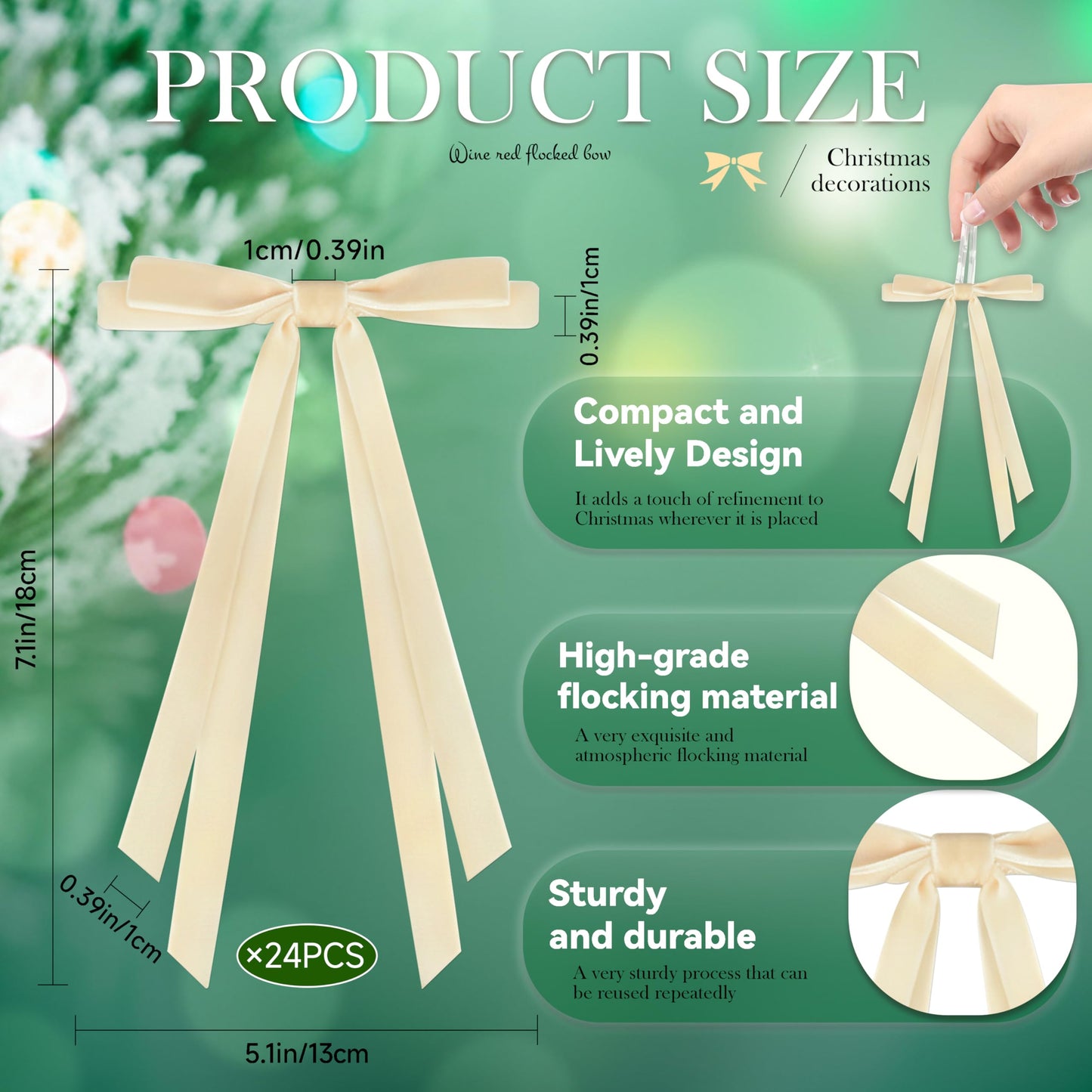 CUPLOOV 24pcs Velvet Bows for Christmas Tree, Pre-Tied Beige White Bow for Xmas Trees Wreaths Gifts Wedding Indoor Outdoor Neutral Decorations, 5 x 7 Inch