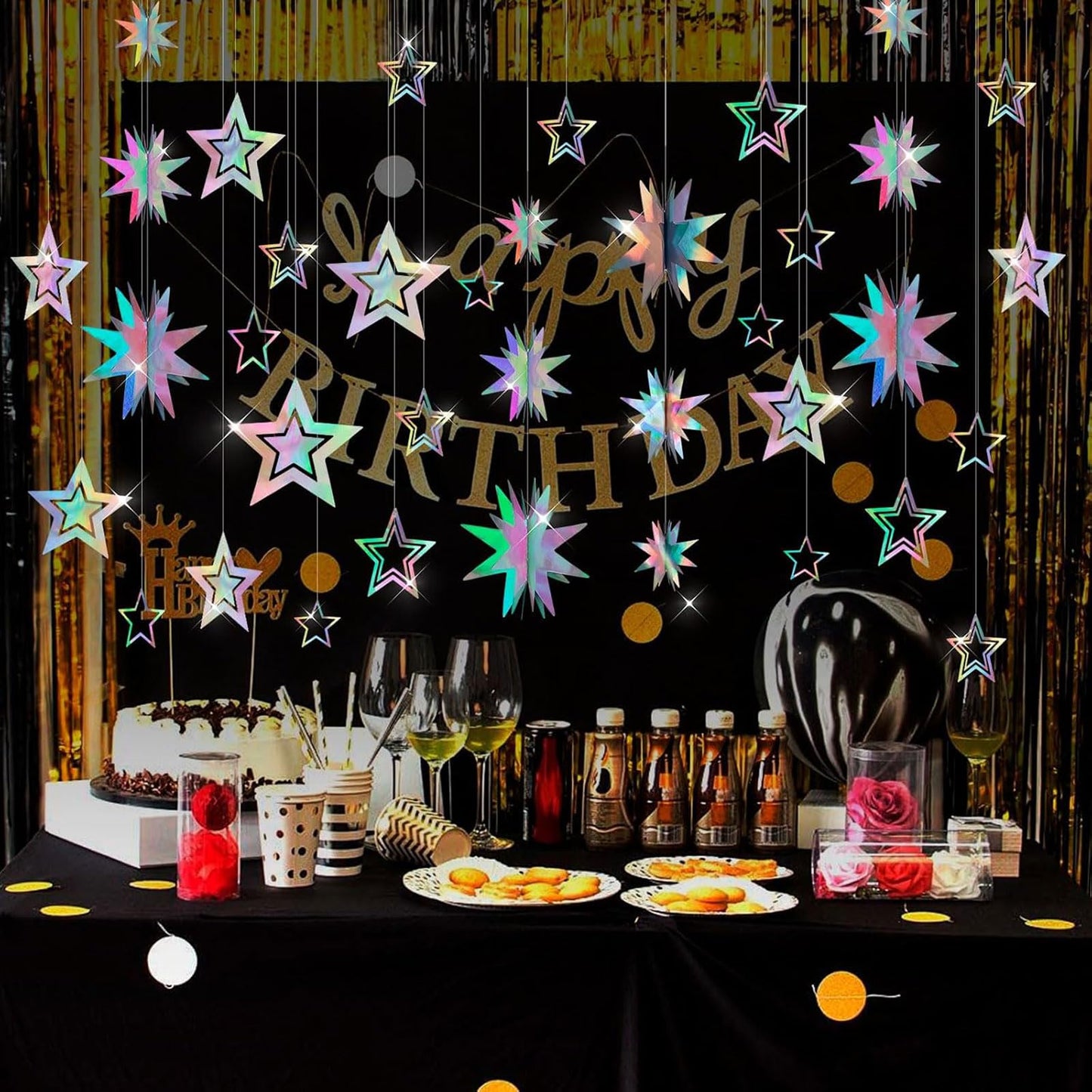 AimtoHome Holographic Star Garland Decorations– 14 Rainbow Paper Stars & 5.5ft 3D Twinkle Hanging Decor for Party, Home, Window, Door，Christmas Party Backdrop Decor (Modern Glitter Style)