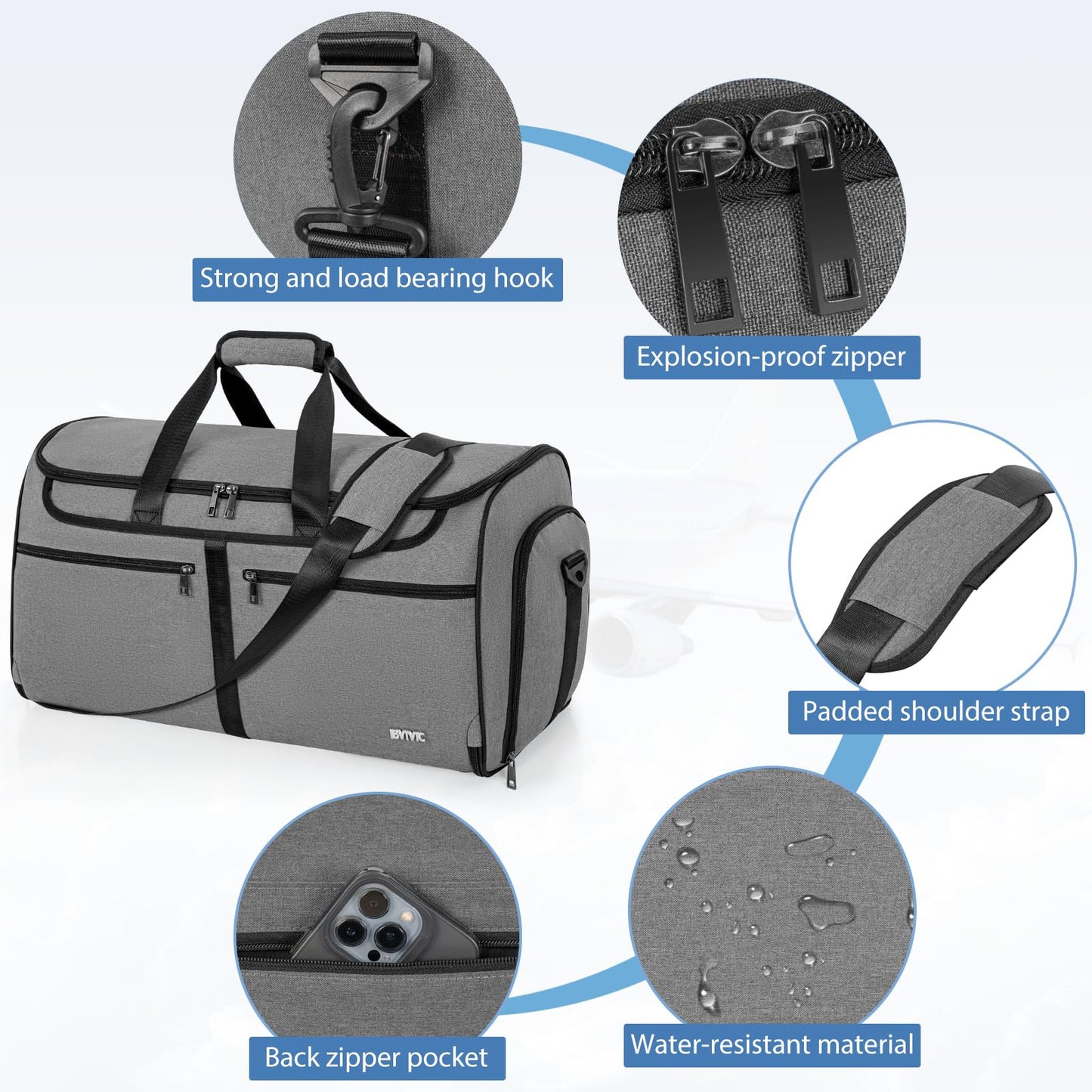 IBVIVIC Convertible Garment Bags for Travel, 2-in-1 Carry On Garment Duffle Bag With Shoe Compartment for Women Men, 50L Hanging Suitcase Suit Travel Bags with Shoulder Strap, Grey
