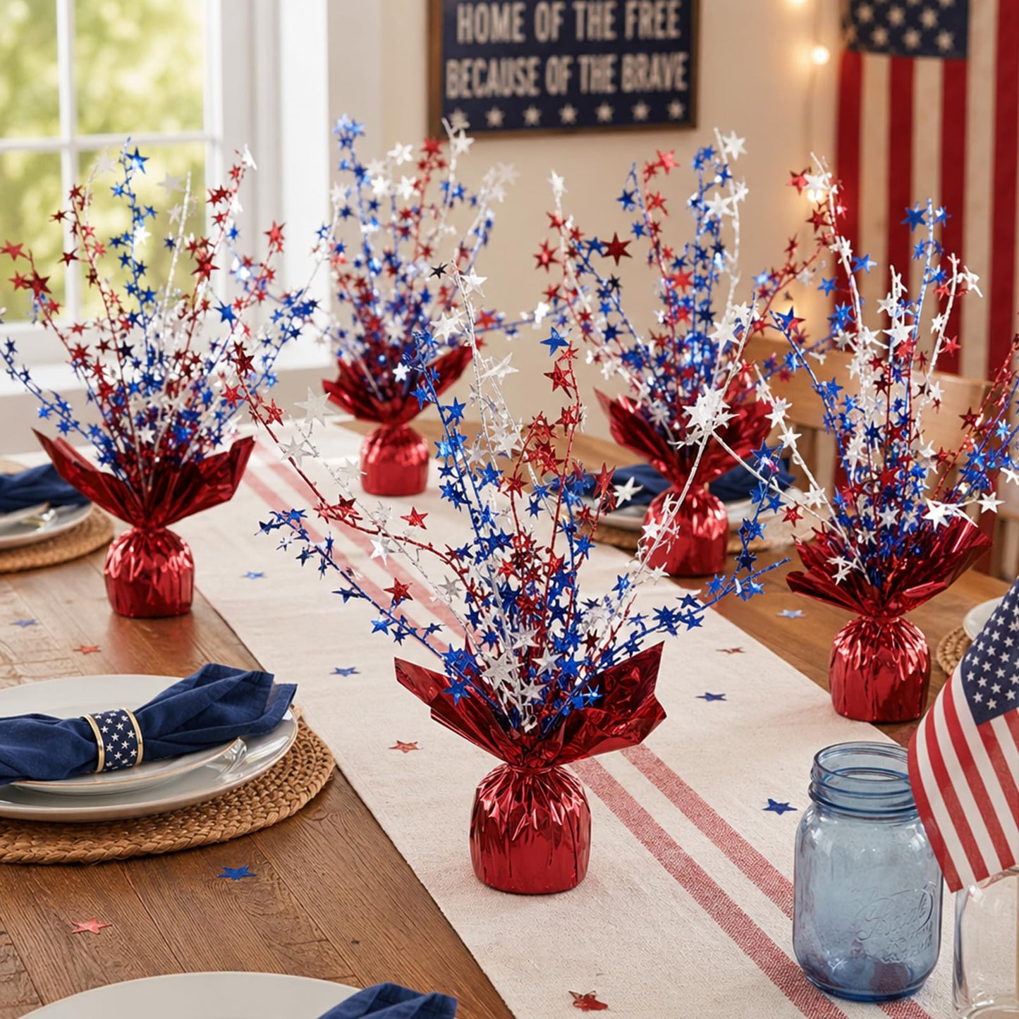 6pcs 4th of July Table Centerpiece Decoration Patriotic Metallic Foil Spray Star Burst Decoration for Independence Day 250th Anniversary Memorial Labor Veteran Day Red White Blue