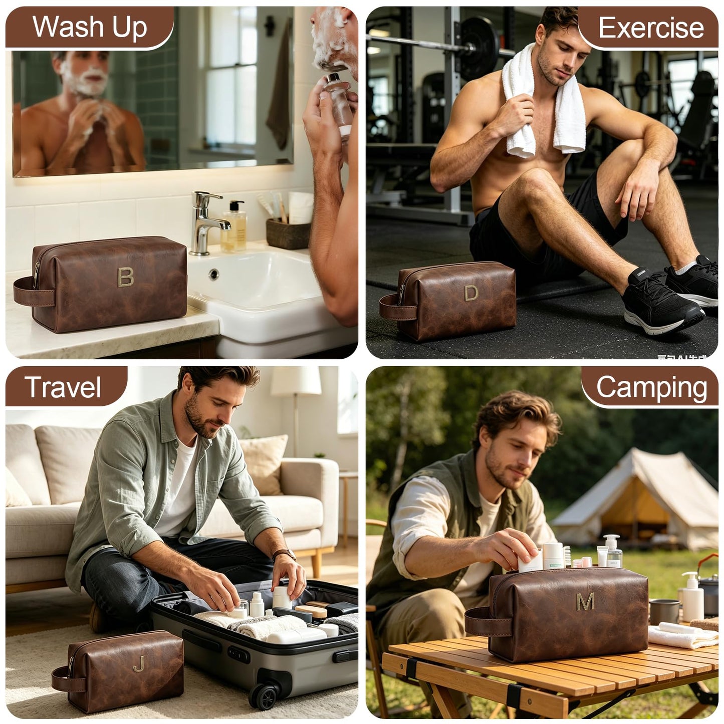 CLOUDWINGS Men’s Father's Day Personalized Gift Initial Travel Toiletry Bag for Him PU Leather Waterproof Shaving Bag for Travel Essentials Birthday Gift for Dad Husband Boyfriend (J)