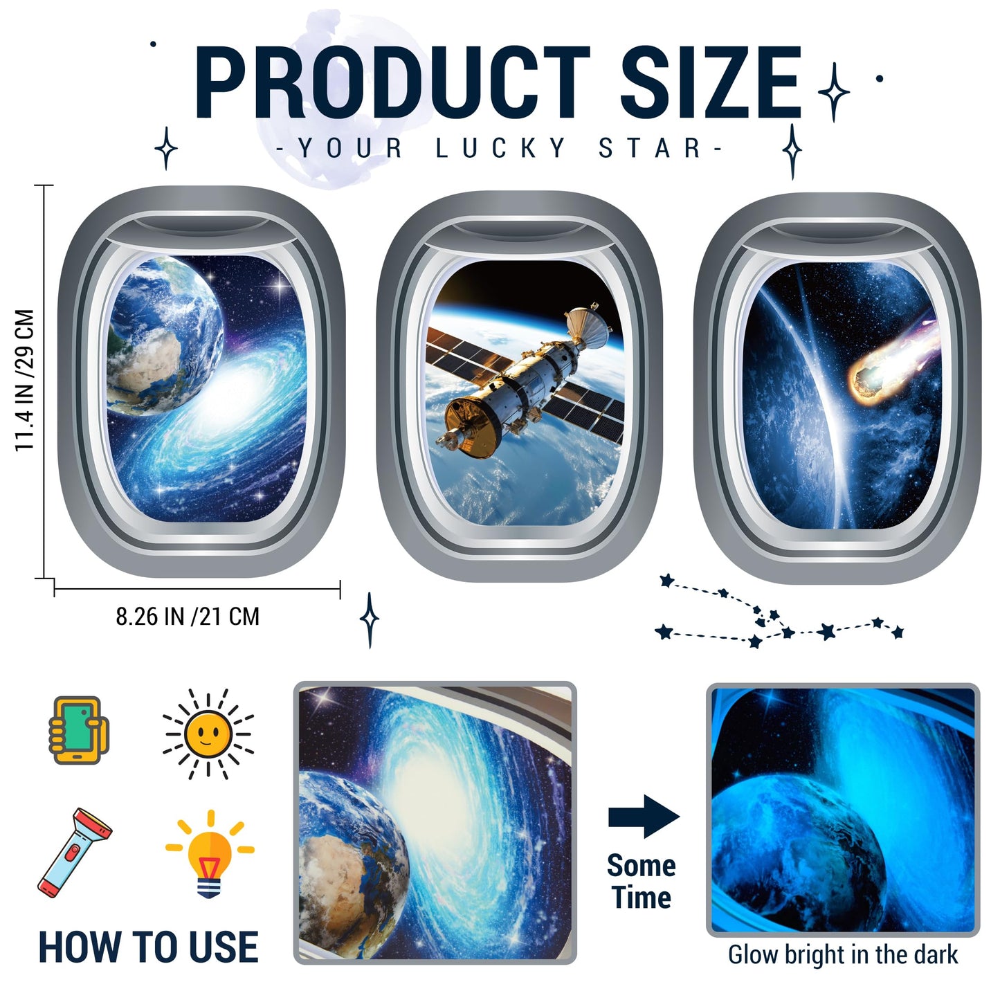 Glow in The Dark 3D Space Wall Decals, Set of 3 Galaxy Window Stickers for Wall, Space Themed Room Decor for Kids Boys (Blue)
