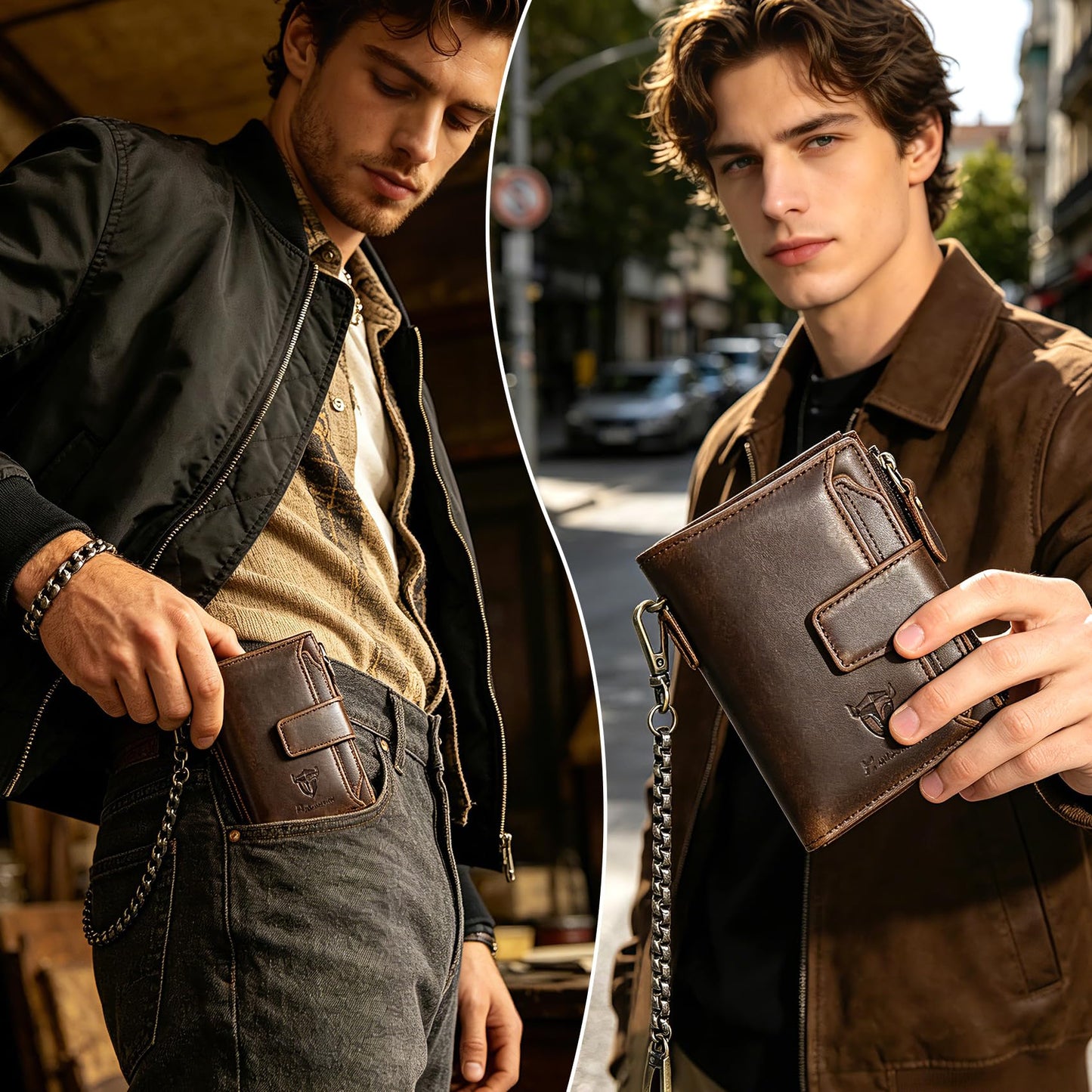 Handadsume Oil Wax Genuine Leather Travel Gift Coin Pocket Card Case Vertical Chain Rfid Wallet Purse With Snap For Men Male 1804 (2-251881 Brown1)