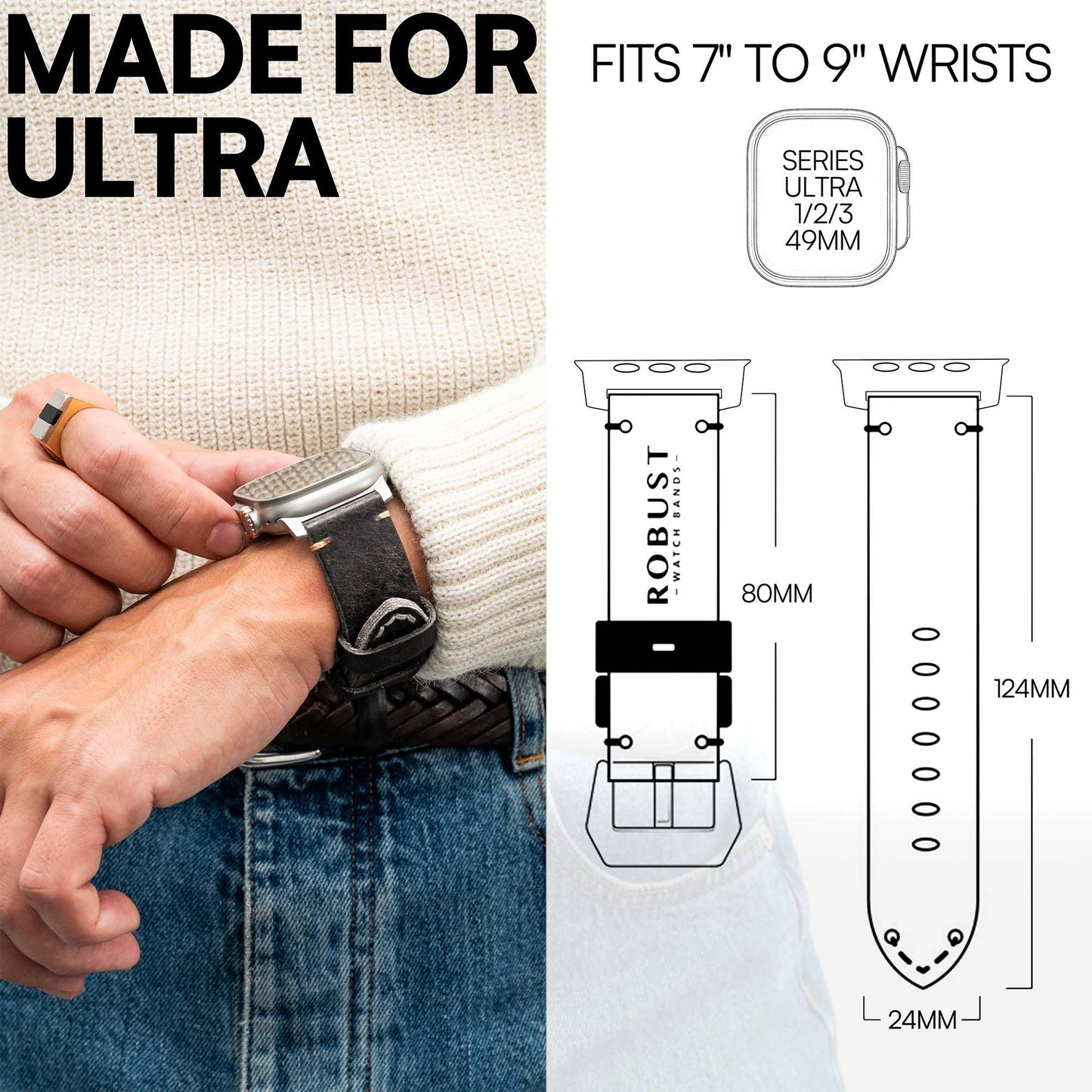 Robust Genuine Leather Watch Band for Men - Compatible with Apple Watch Bands 49mm, Black Leather Replacement Strap for iWatch Ultra 2/1 SE, SE 2 Series 10 9 8 7 6 5 4 - With Natural Titanium Hardware