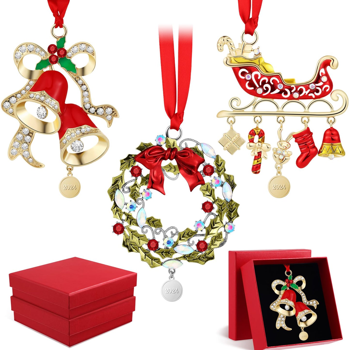 3 Pcs 2026 Christmas Crystals Hanging Ornaments Snowflake Snowman Holiday Ornament Shimmer Metal Bell Wreath on Ribbon with Gift Box for New Year Gift Xmas Tree Sun Catcher Home Hanging Decor(Holiday)