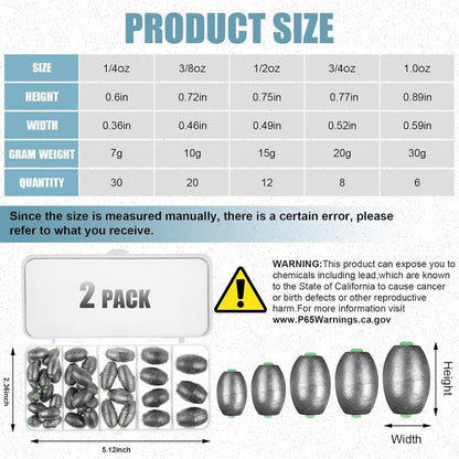 Fishing Sinkers Kit - Removable Oval Shape for Bass & Worm Tackle | Saltwater & Freshwater
