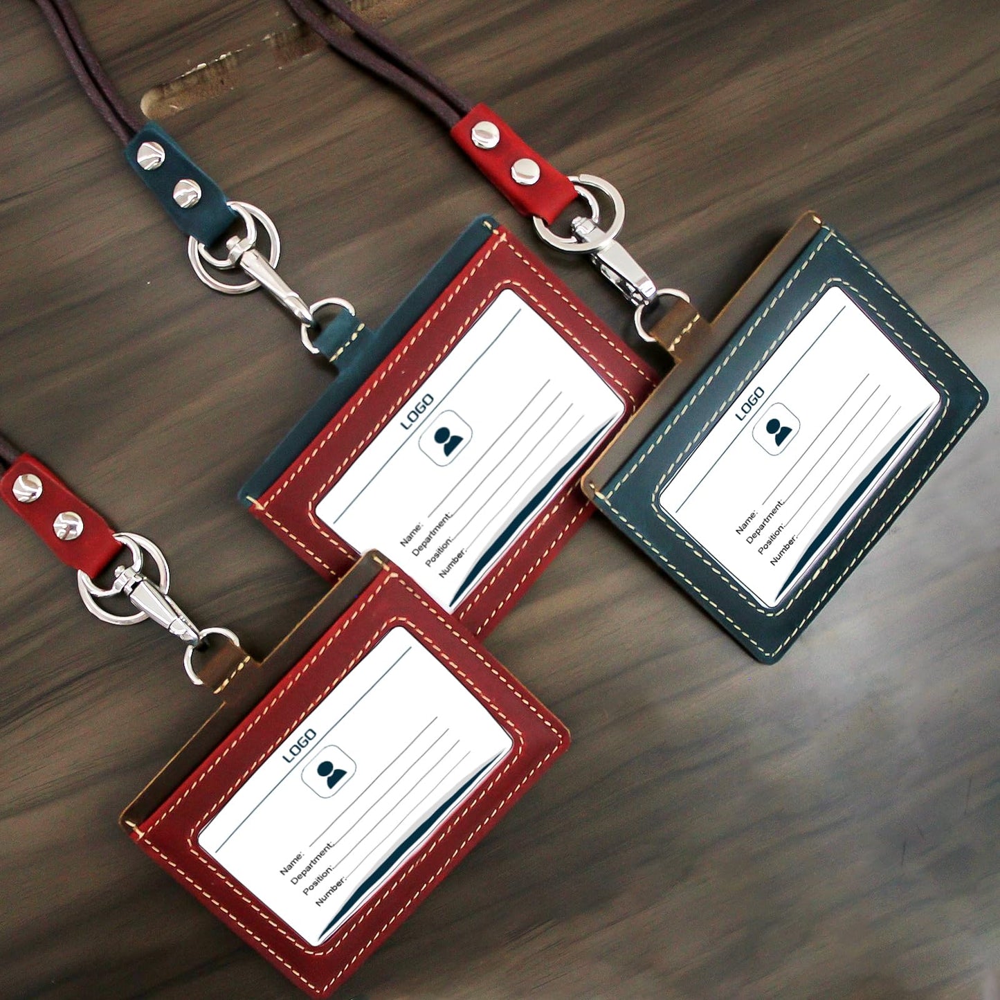 Badge Holder: Boshiho Cowhide Leather ID Badge Card Holder with 19" Neck Lanyard, Horizontal Style (Red)