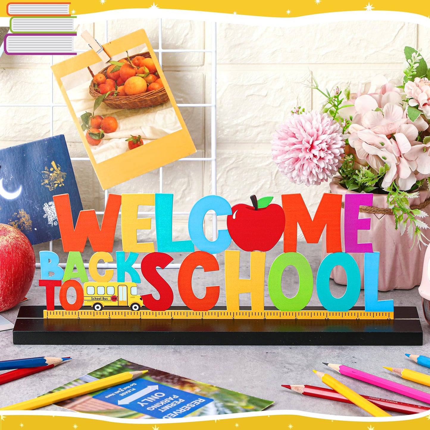 MiniInflat Welcome Back to School Metal Sign First Day of School Table Decor Metal Word Sign with Wooden Base for Classroom Teacher Party Favor Supplies Tiered Tray Decor Shelf Tabletop Decorations