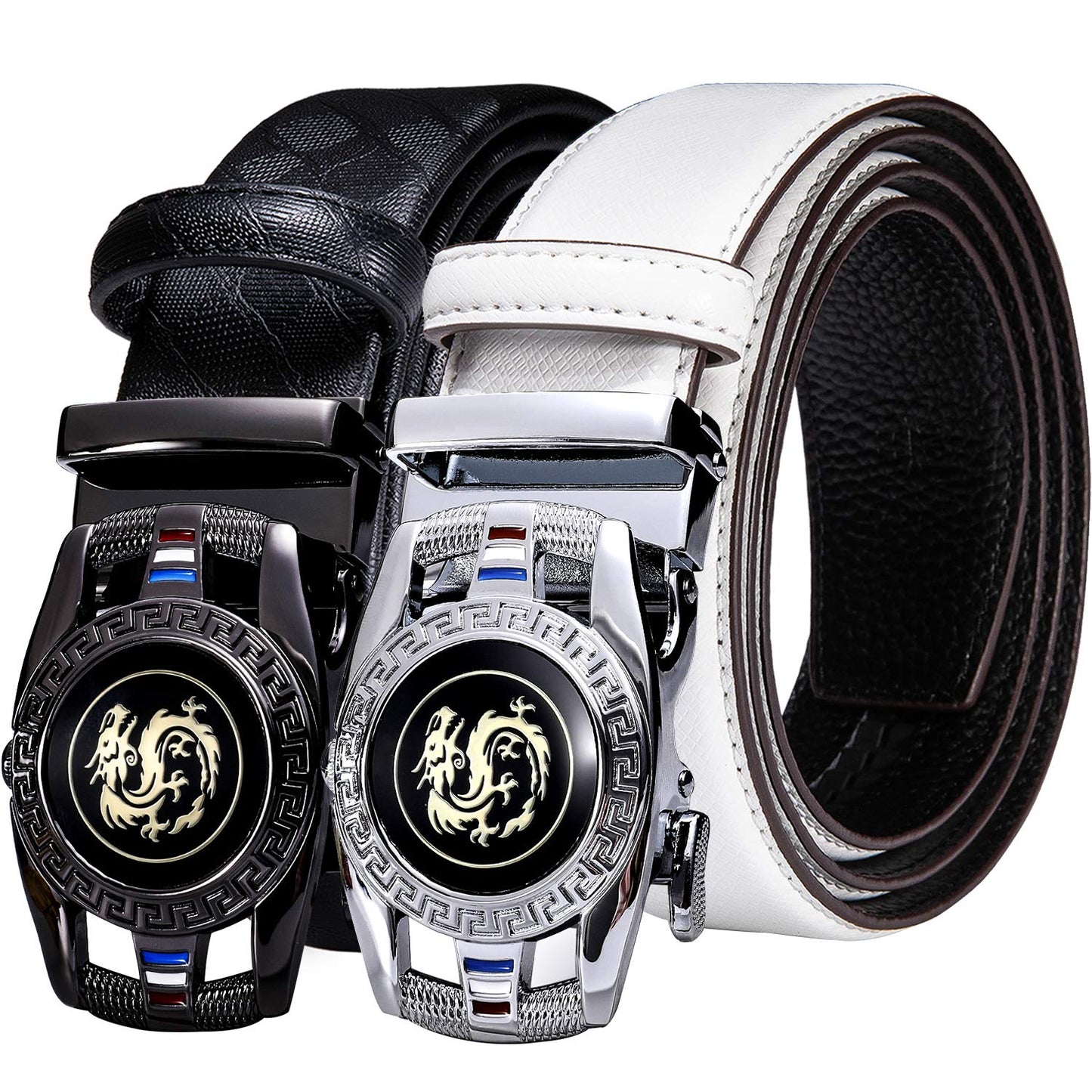Barry.Wang Mens Ratchet Belt 2 Pack Buckle Gift Set Black Belts Leather Slide White Dragon Strap Adjustable 1 3/8" Wedding Business