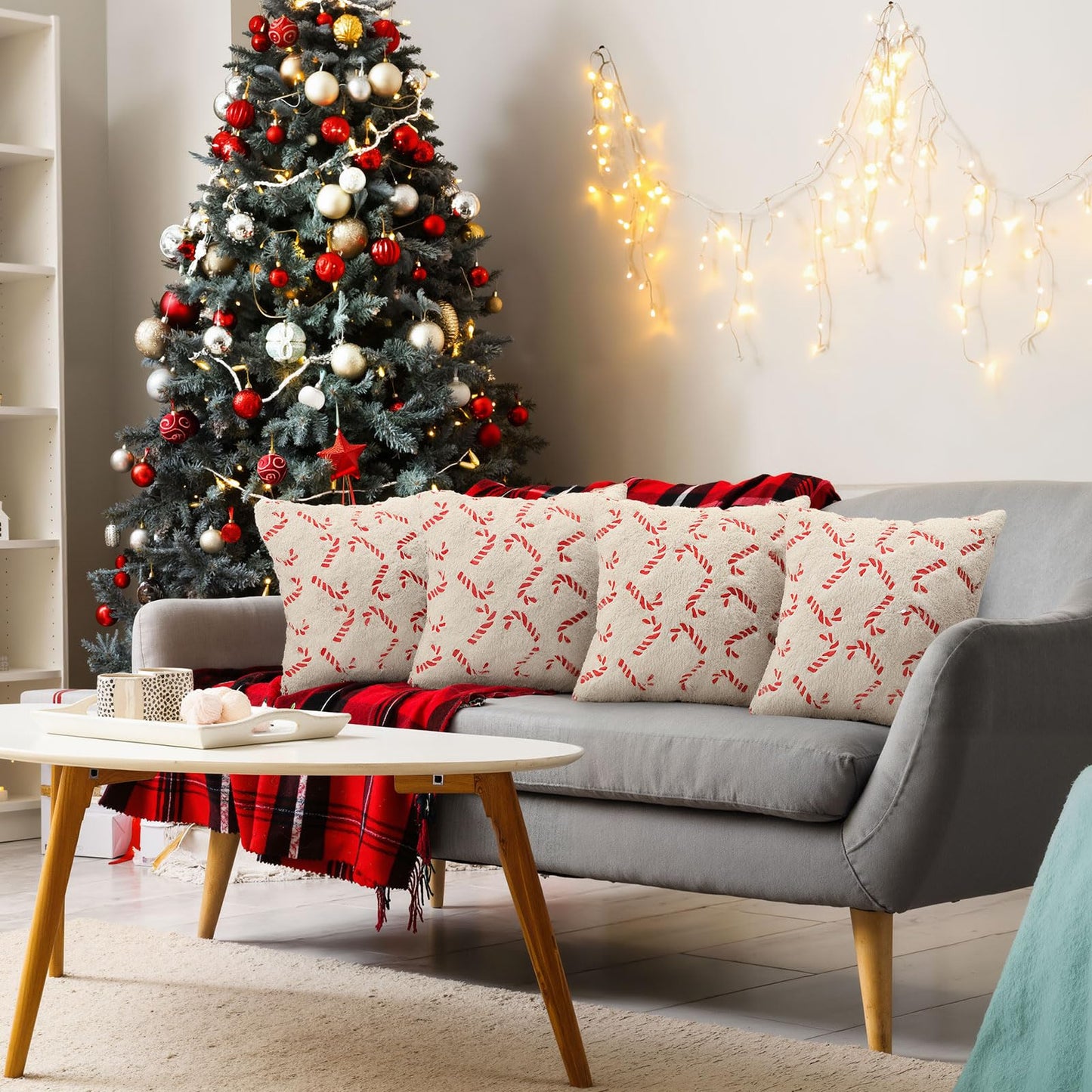 Tranqun 4 Pcs Christmas Candy Cane Throw Pillow Covers 20x20 Inch Xmas Red Candy Embroidery Pillowcases Fluffy Christmas Cane Decorative Cover for Winter Holiday Farmhouse Living Room Sofa Car Decor