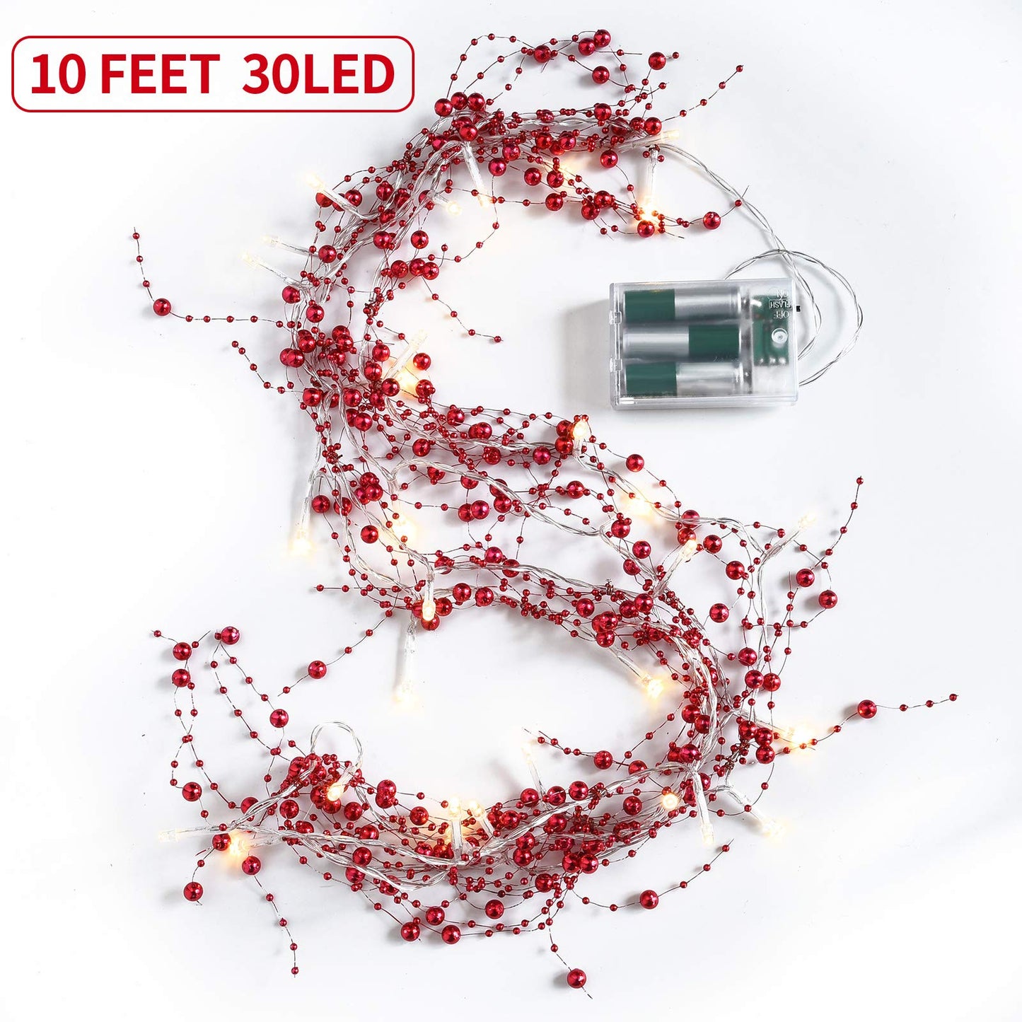 Mudder 10 Feet 30 LED Christmas Light Metal Berry Beaded Garland Indoor Christmas String Lights for Fireplace Mantel Indoor Xma Light Decorations(Red)