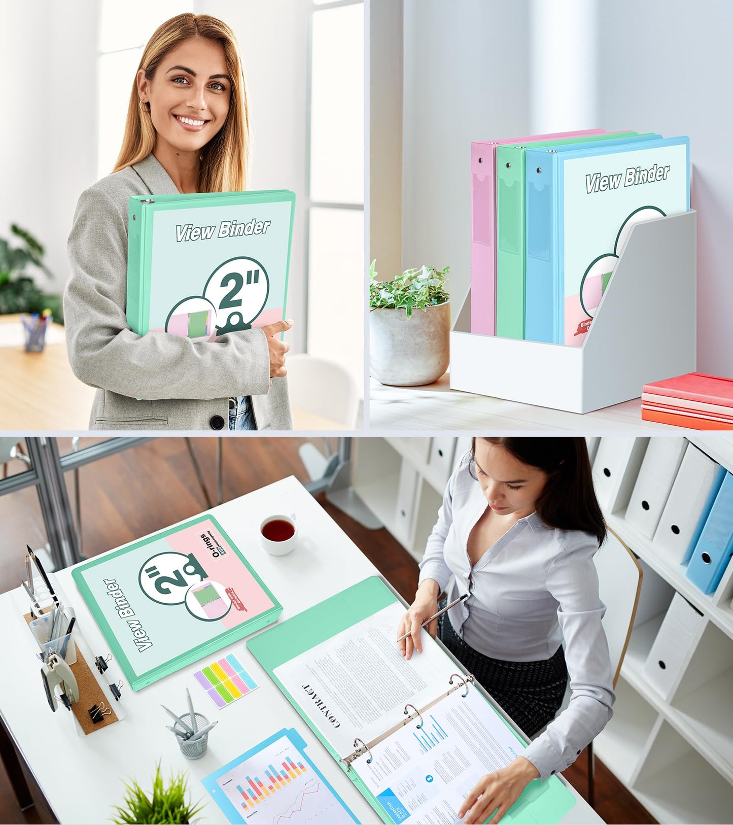 3 Ring Binder 2 inch，Cute Binder Organizer with 5 Tab Dividers Fits 175 Sheets of 8.5x11 Paper, Customizable Clear Cover with Inside Pockets, Aesthetic 2" Three Ring Binders for School Office，Green