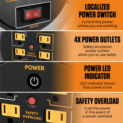 Masterplug 1ft Cord Reel, Metal Cable Drum, Retractable Extension Lead with Winding Handle, Safety Overload Circuit Breaker and Power Switch, 4x Grounded Outlets, 15amps, 12AWG Cable