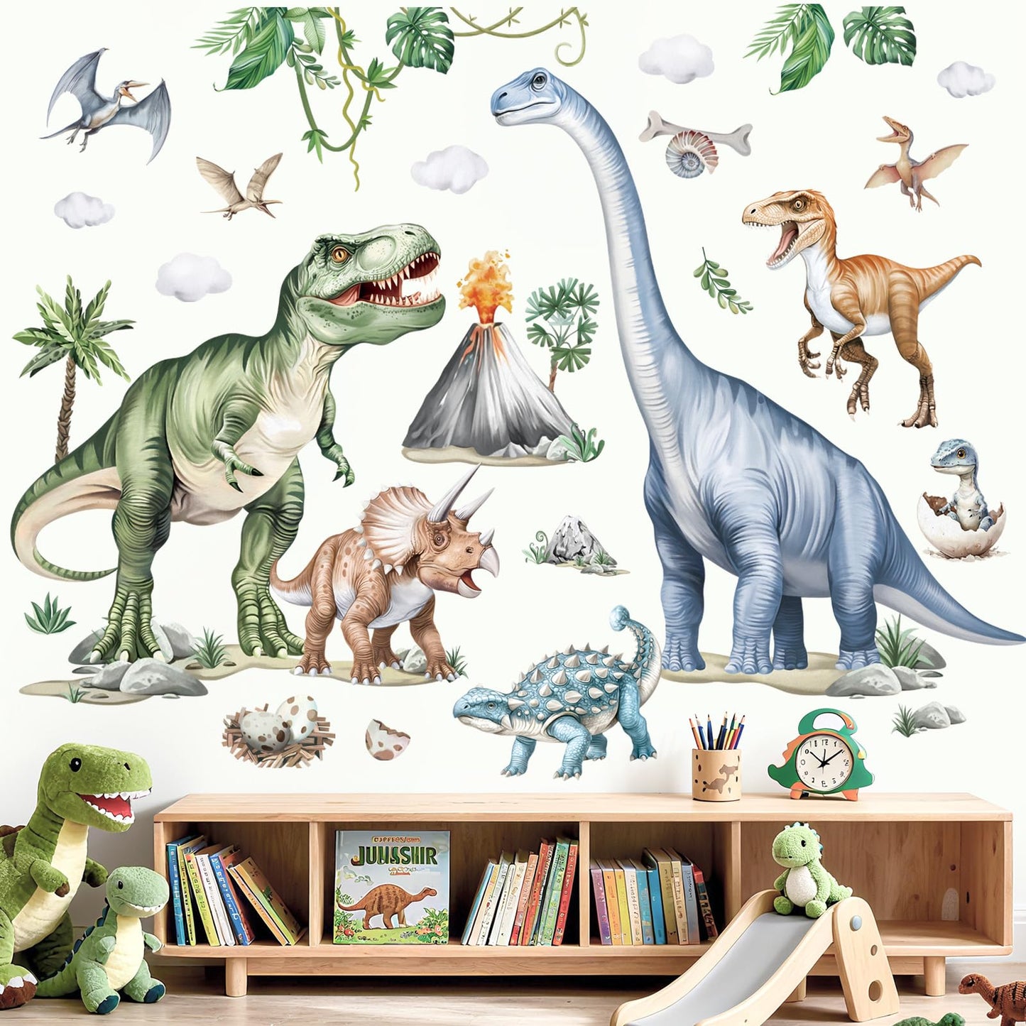 wondever Large Dinosaur Wall Stickers Watercolor Tropical Animals Dino Plants Volcano Wall Art Decals for Boys Room Baby Nursery Kids Bedroom