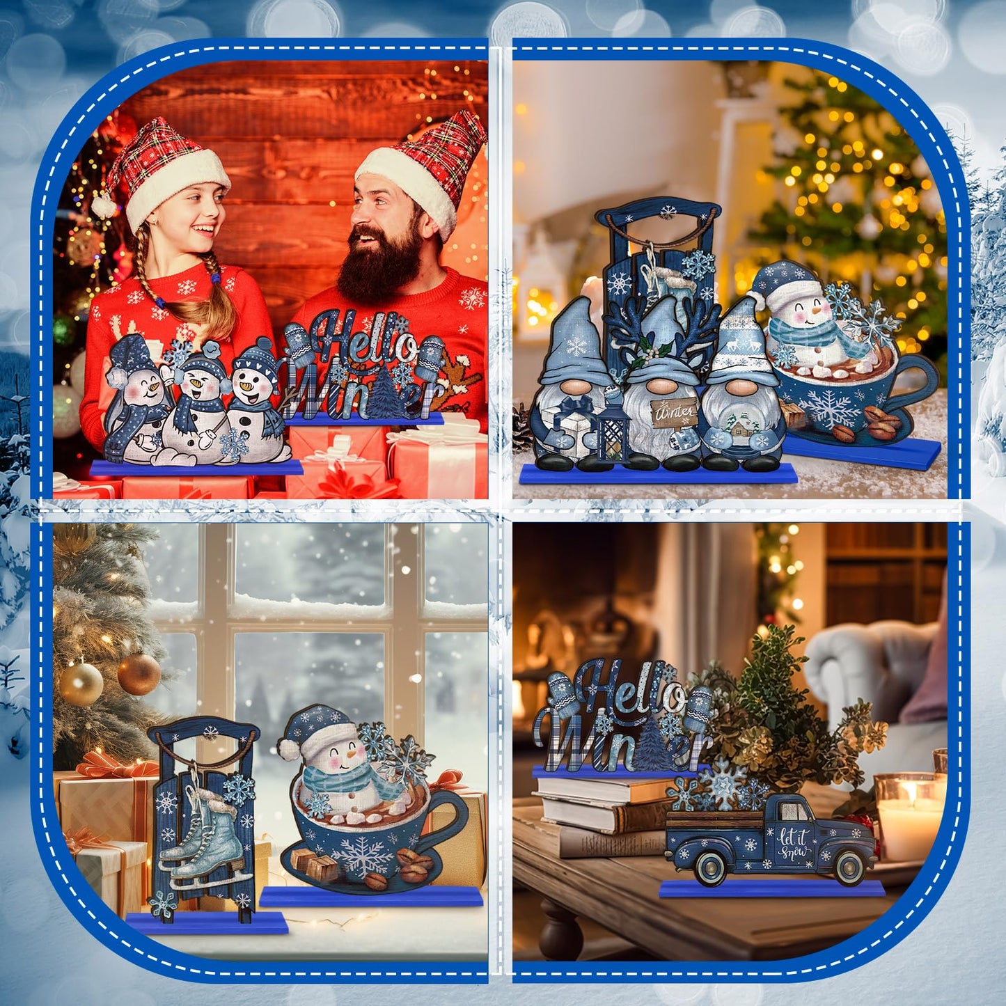Realspring 6 Pcs Winter Wooden Table Decor Blue Winter Wood Snowman Decorative Gnome Truck Centerpieces Tiered Tray Decor for Kitchen Office Home