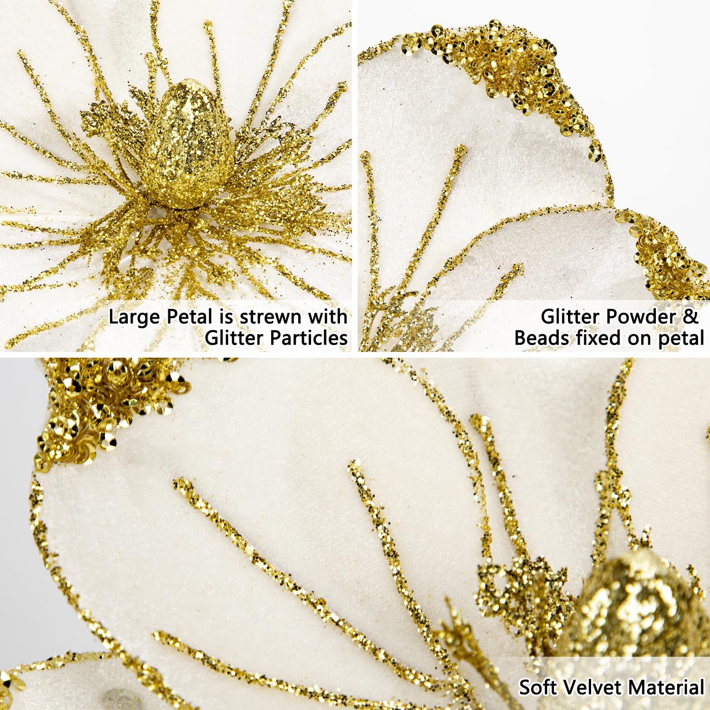 Briful 8in Magnolias Christmas Flowers Glittering Magnolia Flowers Artificial 6Pcs Cream Gold Magnolia Stems for Christmas Tree Decorations, Wreaths, Garland Real Touch Magnolia Xmas Picks