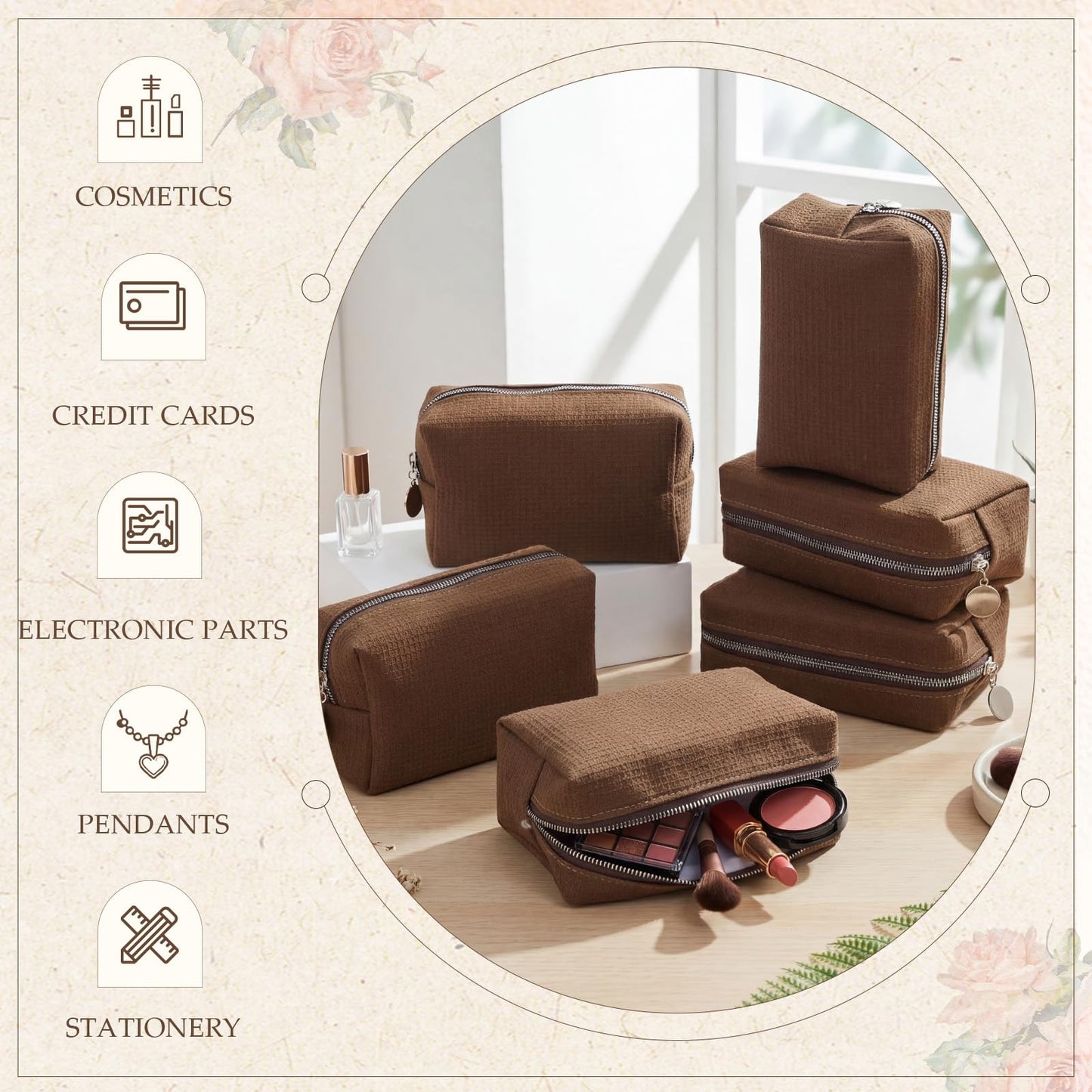 Kacctyen 6 Pcs Waffle Makeup Pouch Bag Portable Makeup Bag for Women, Cozy Waffle Cosmetic Pouch, Large Capacity Handheld Toiletry Organizer with Zipper for Bridesmaid, Wedding, Travel, Daily Use
