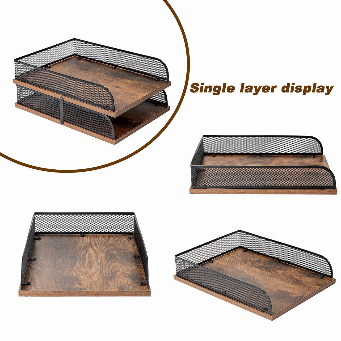 Set of 2 Vintage Wood & Metal Letter Tray，Desk Organizers Paper Tray，Office File Organizer(Black)