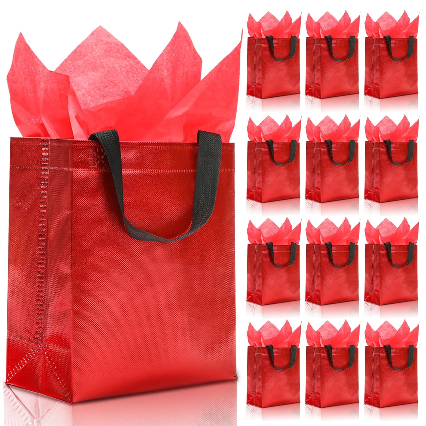 KeerxunBag 12pcs Reusable Gift Bags（Includes Tissue Paper） Gift bag with handle Birthdays Parties Holidays Weddings Medium 10x4x8in red Gift Bags