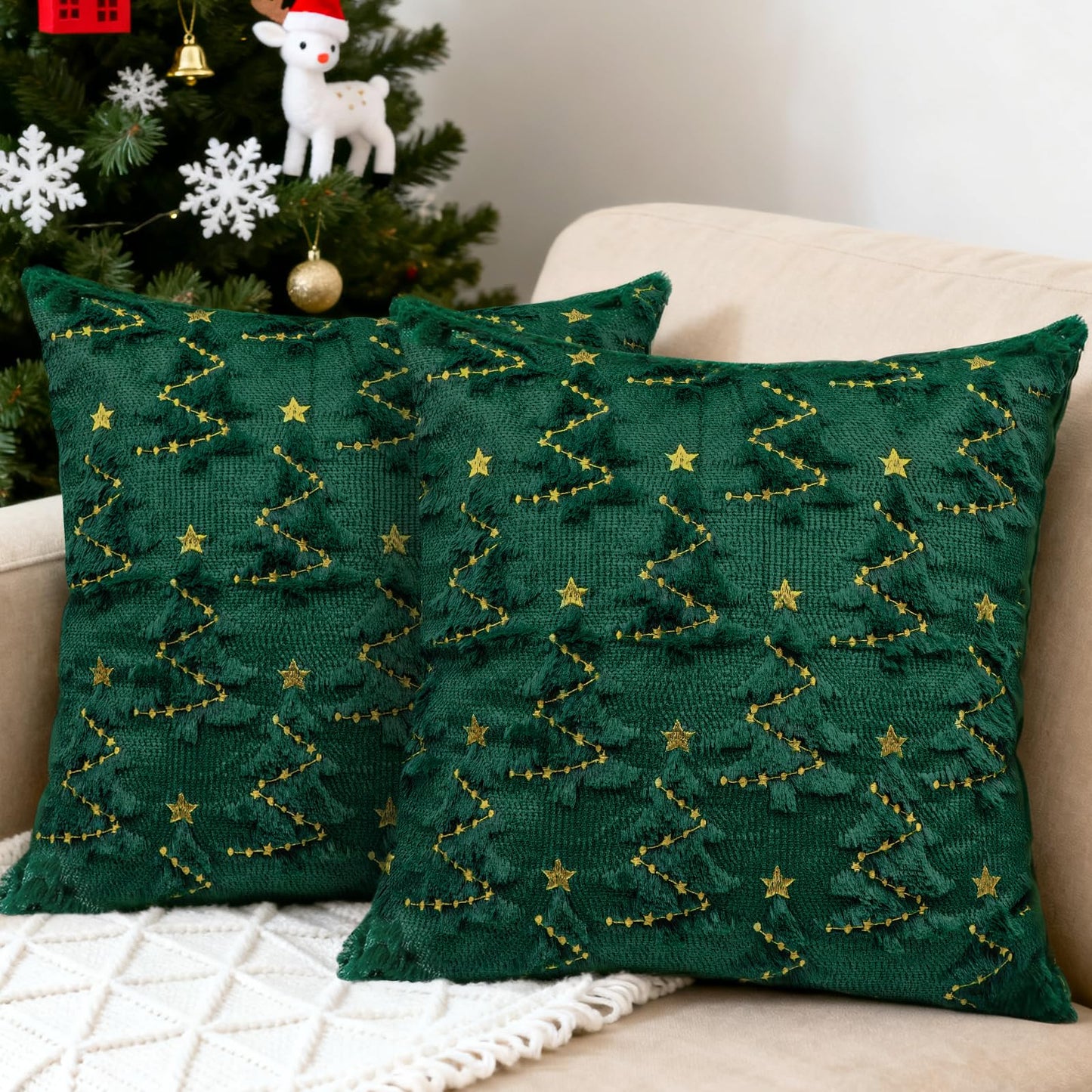 YIOTJUNL Christmas Pillow Covers 18x18 Set of 2 Soft Plush Embroidered Cushion Covers Decorative Gold Star Beige Christmas Tree Throw Pillow Cases Decorations for Winter Holiday Sofa Home Decor