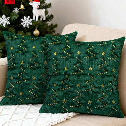 YIOTJUNL Christmas Pillow Covers 18x18 Set of 2 Soft Plush Embroidered Cushion Covers Decorative Gold Star Beige Christmas Tree Throw Pillow Cases Decorations for Winter Holiday Sofa Home Decor