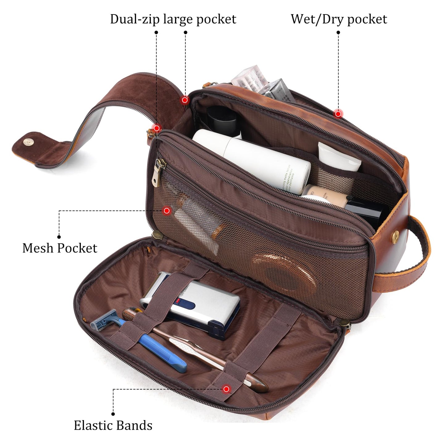 Polare Full Grain Leather Toiletry Bag for Men Large Travel Cosmetic Case Dopp Kit Shaving Kit Wash Pouch with YKK Zippers (Brown)