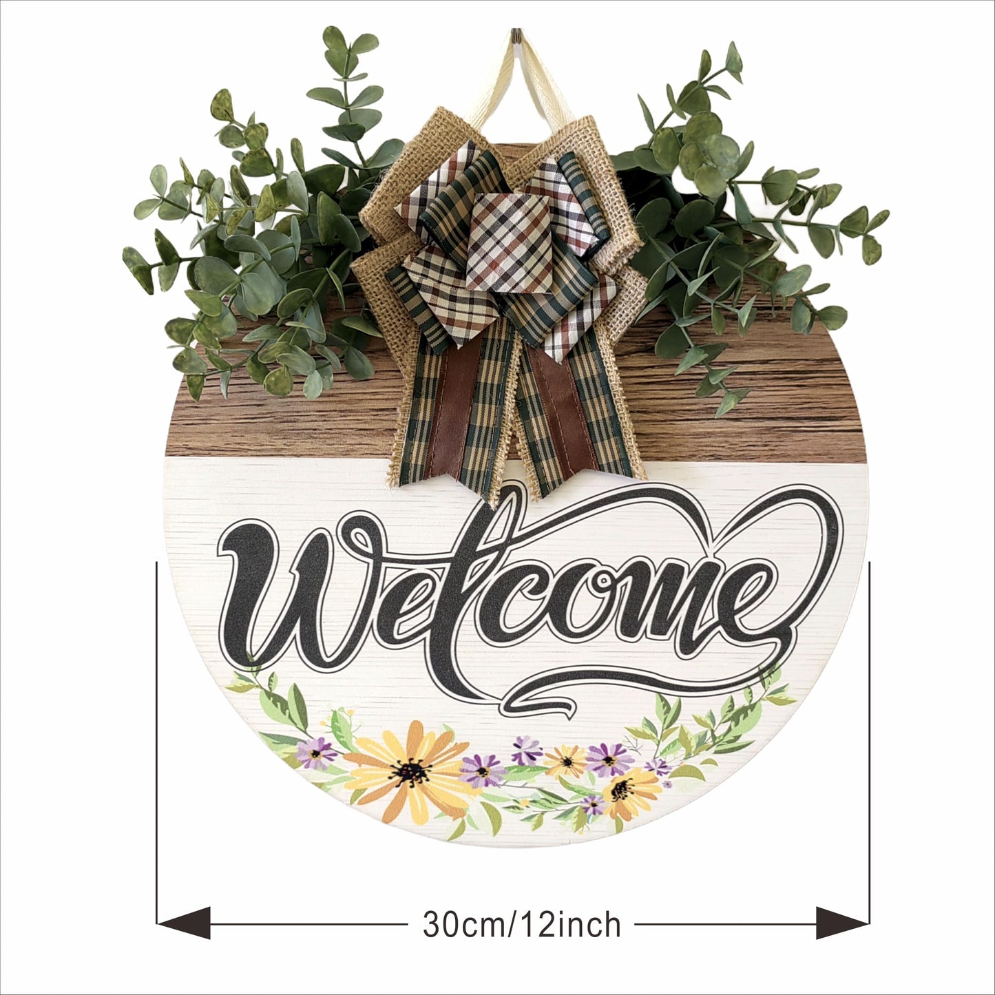 Welcome Sign Front Door Decoration 12 Inch Round Wood Wreath Wall Hanging Outdoor, Farmhouse, Porch, Suitable for Spring Summer Fall Seasons Holidays Christmas (Grass Green)