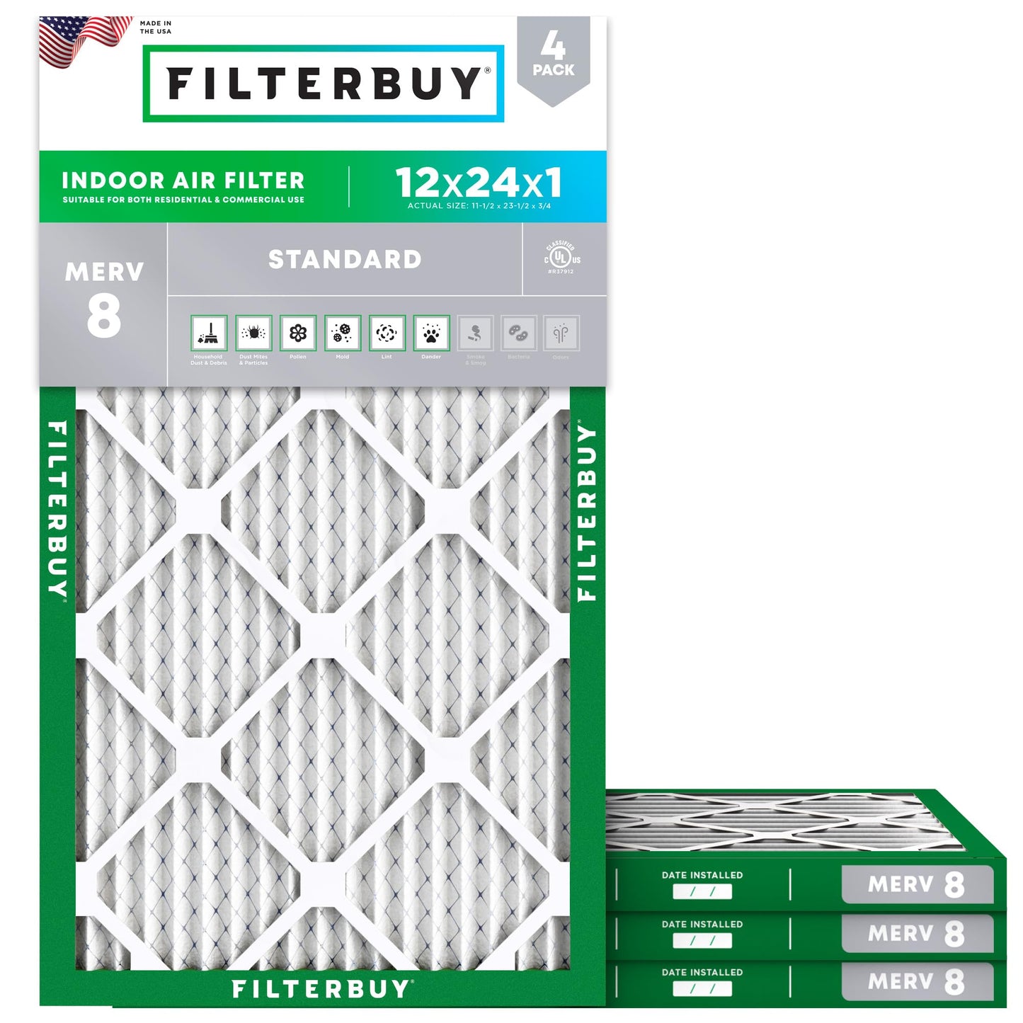 Filterbuy 12x24x1 Air Filter MERV 8 Essential Dust & Allergy Defense (4-Pack), Electrostatic Pleated HVAC AC Furnace Filters Replacement, Made in USA (Actual Size: 11.50 x 23.50 x 0.75)