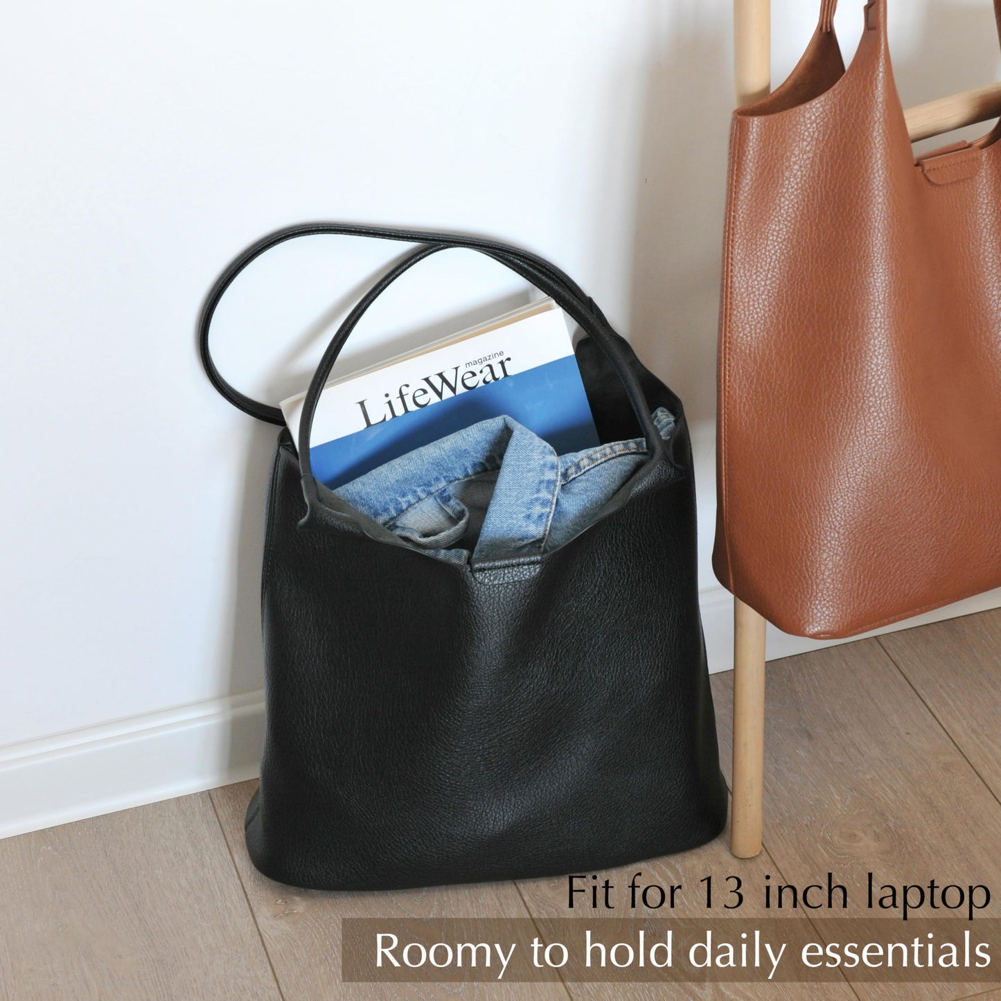 Soft Vegan Leather Tote Bag for Women Hobo Handbag Purse for Travel and Everyday (Black)