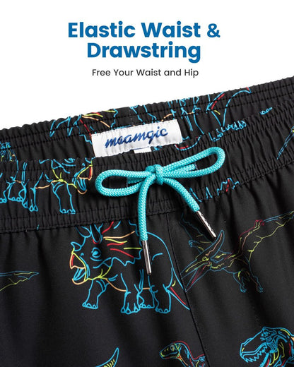 maamgic Mens Swim Trunks with Compression Liner 5 Inch, Quick Dry Bathing Suit with Zipper Pockets, Stretch No-Chafing Swim Shorts, Black-Colorful Dinosaur Small