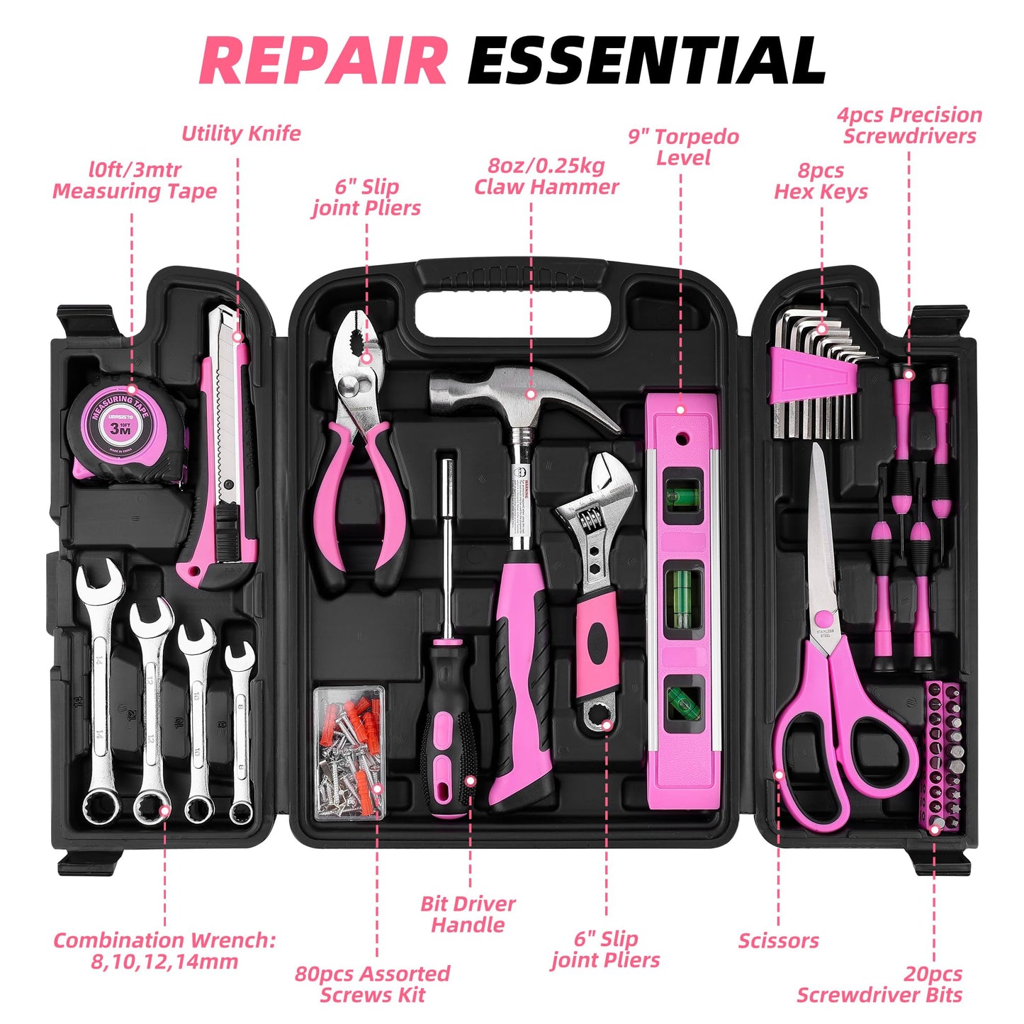 URASISTO 125 PCS Pink Household Tool Set, Pink Ladies Basic House DIY Toolkit Set for Home Garage Office College Dormitory Use, Hand Tool Kits for Women