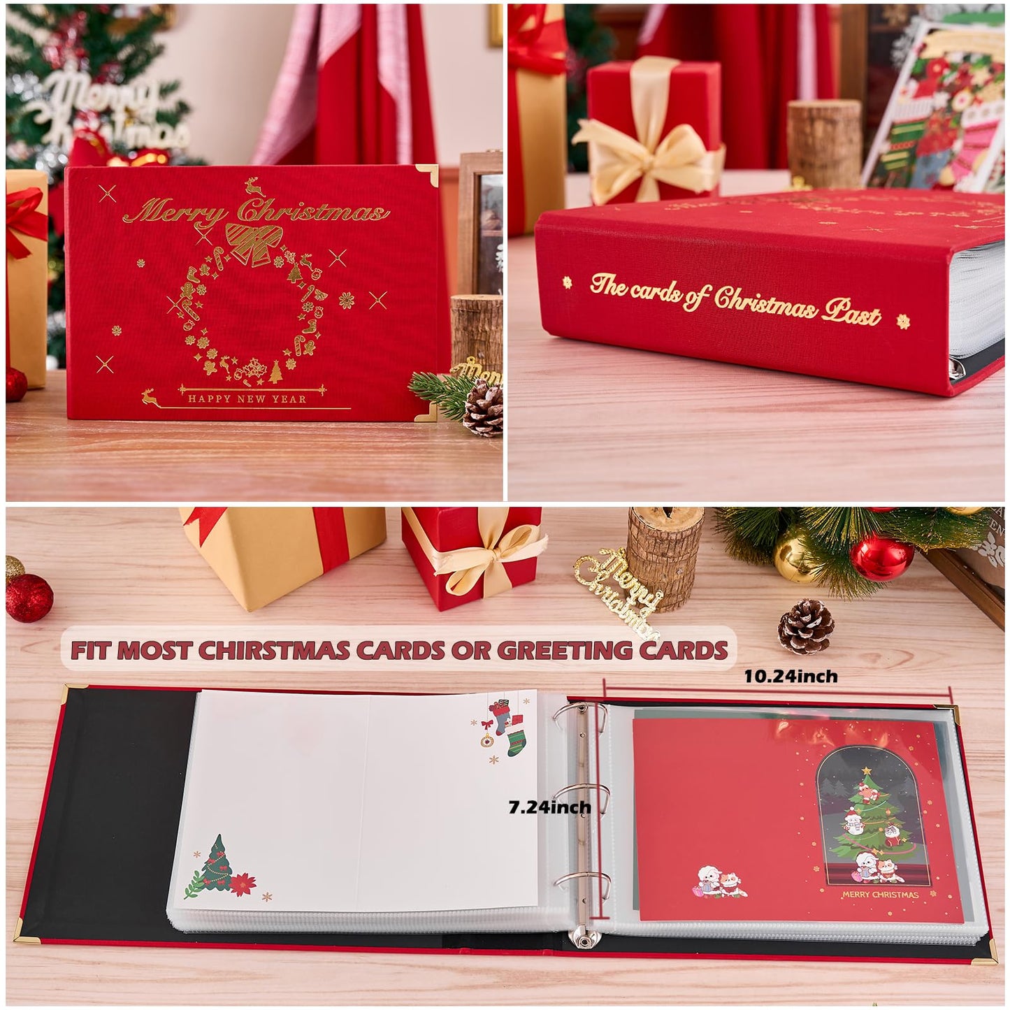 MANWU Christmas cards organizer binder album, greeting cards display organization Storage Holder, Cardkeeper special cards leather book, holds 100 cards (Golden)