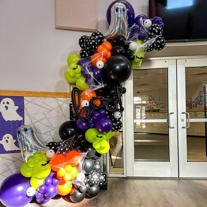 Halloween Balloons Arch Black Orange Purple Green Balloons Garland Witch Cat Foil Spider Balloon Pumpkin Birthday Decorations Metallic Purple Lime Green Latex Helium Balloon Set for Party Supplies