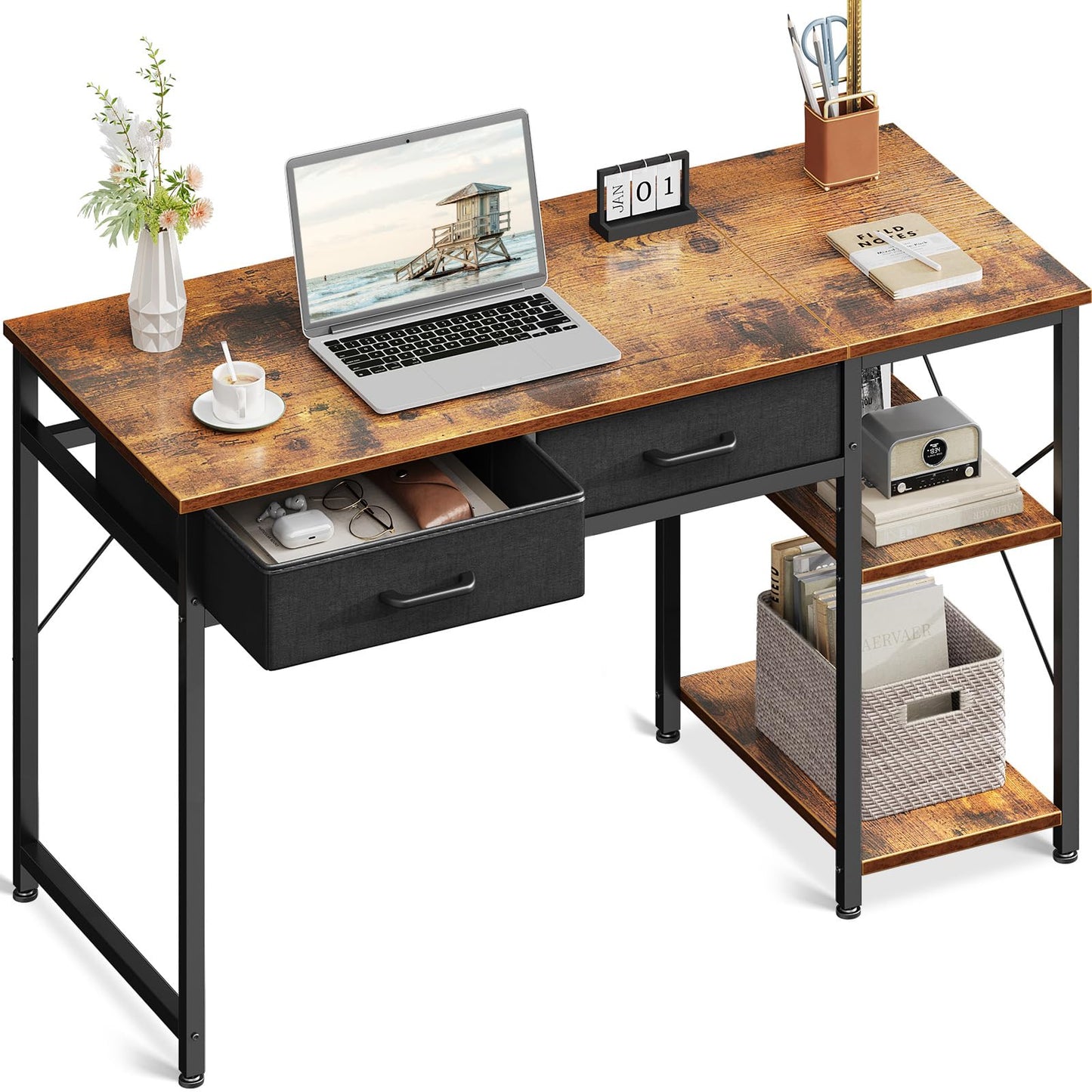 Coleshome Small Computer Desk with Drawers, 40 Inch Reversible Home Office Desk with Storage Shelves, Study Laptop Desk for Bedroom Small Space, Rustic Brown