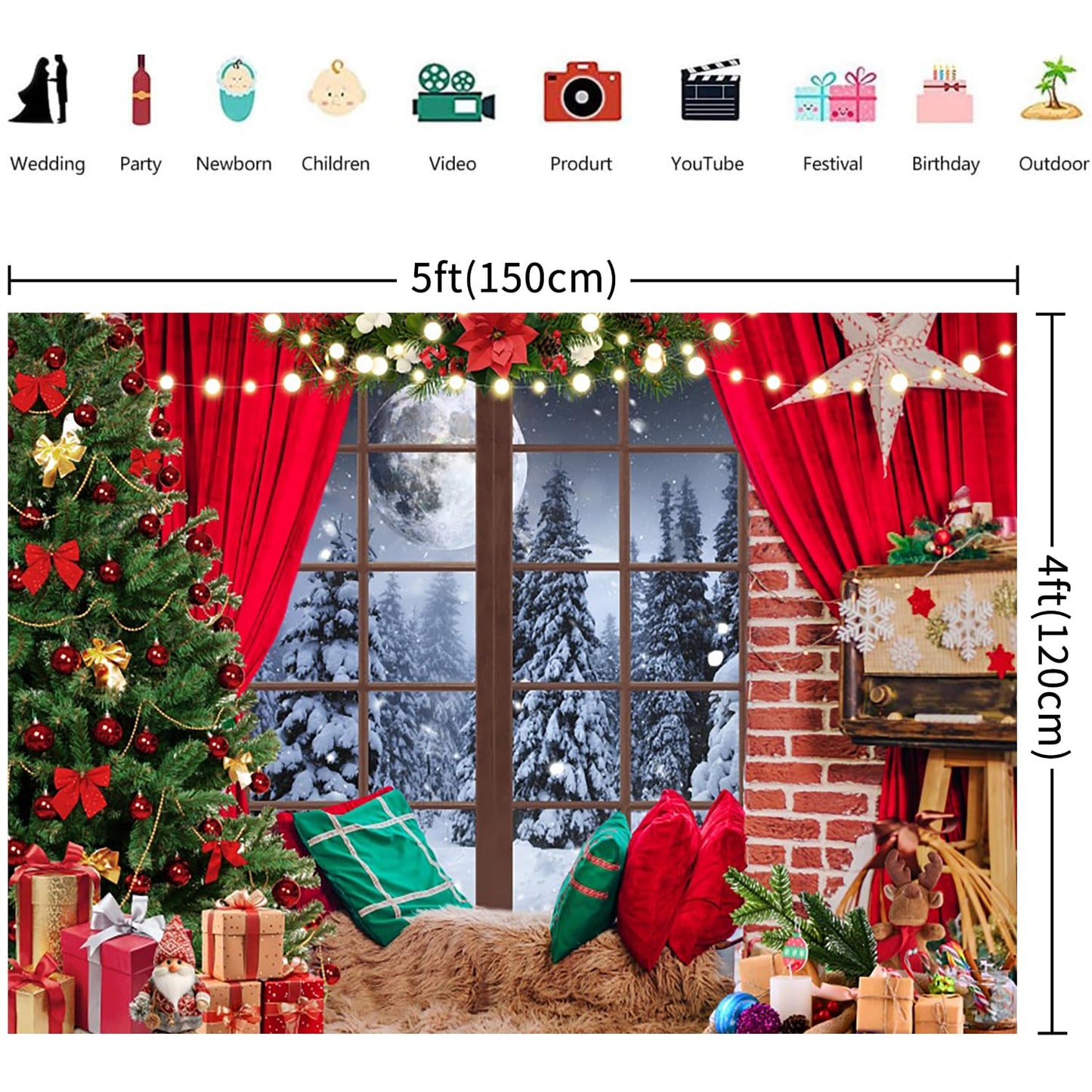 Diasynig 5x4FT Christmas Backdrop Window Red Curtain Xmas Tree Gifts Forest Snow Scene Photography Background Family Kids Winter Holiday Christmas New Year Party Decorations Banner Photo Booth Props