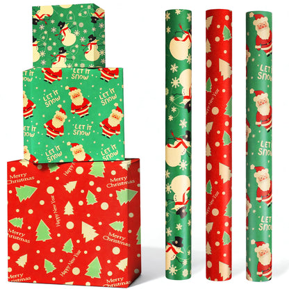 ENFANTRY Christmas Wrapping paper Rolls,3 Rolls Red and Green Xmas Wrapping Paper, Gift Wrapping Paper Christmas Bundle,Xmas tree Santa for Chrimas, Birthday, New Year, Valentines, Wedding, Holiday Deco, DIY