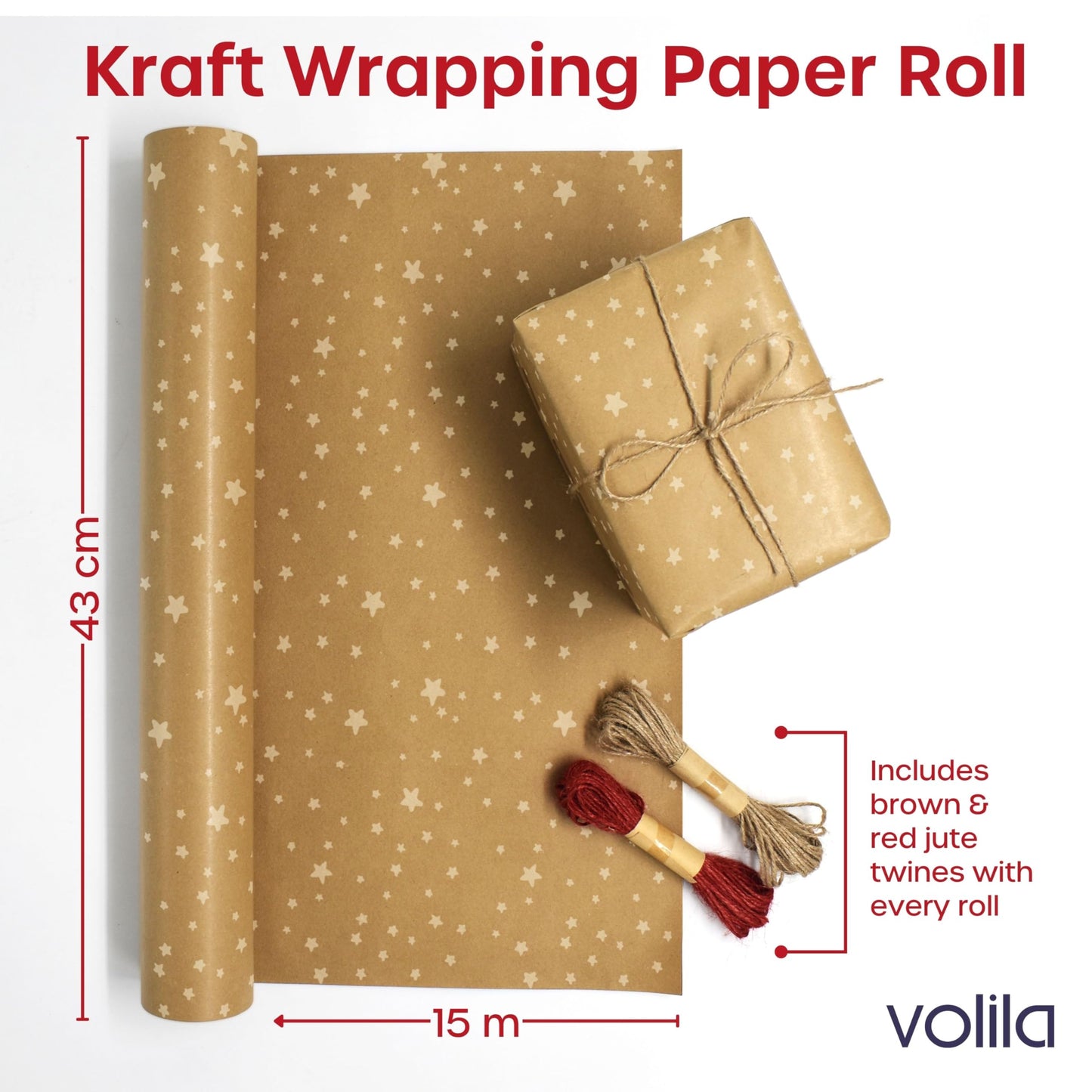 volila Brown Paper Roll 17.5 inch x 50 feet - Stars Kraft Paper Roll for Gift Wrapping Flower Boquet Craft Supplies - Brown Wrapping Paper for Moving Packing Paper