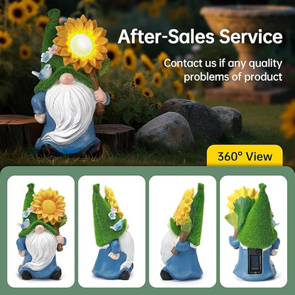 Solar Gnome with Glowing Sunflower Light,Weatherproof Resin Garden Figurine Decor Auto On/Off - Fairytale Statue Gift for Patio,Yard