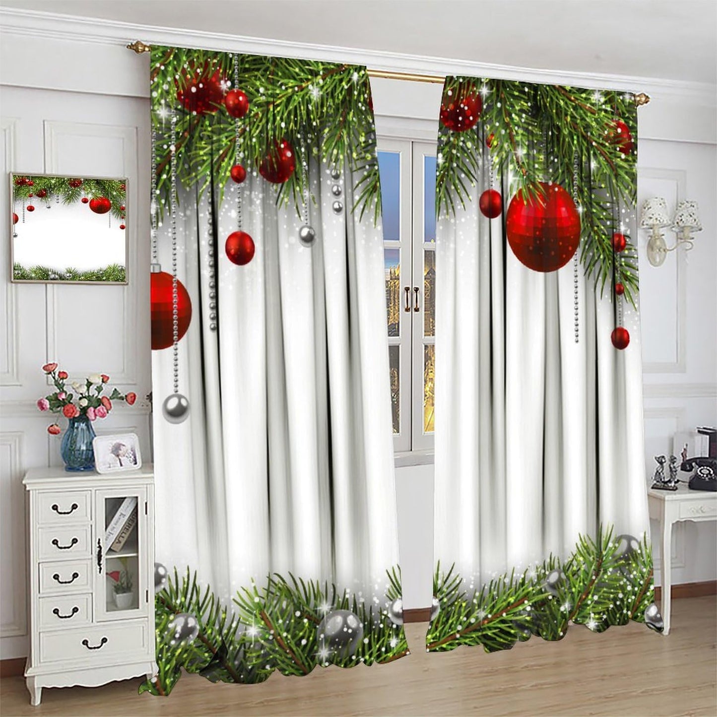 Merry Christmas Classical Ornaments and Baubles Coniferous Pine Tree Blackout Window Treatmen for Living Room Bedroom Decor Window Drapes 52" W X 84" L
