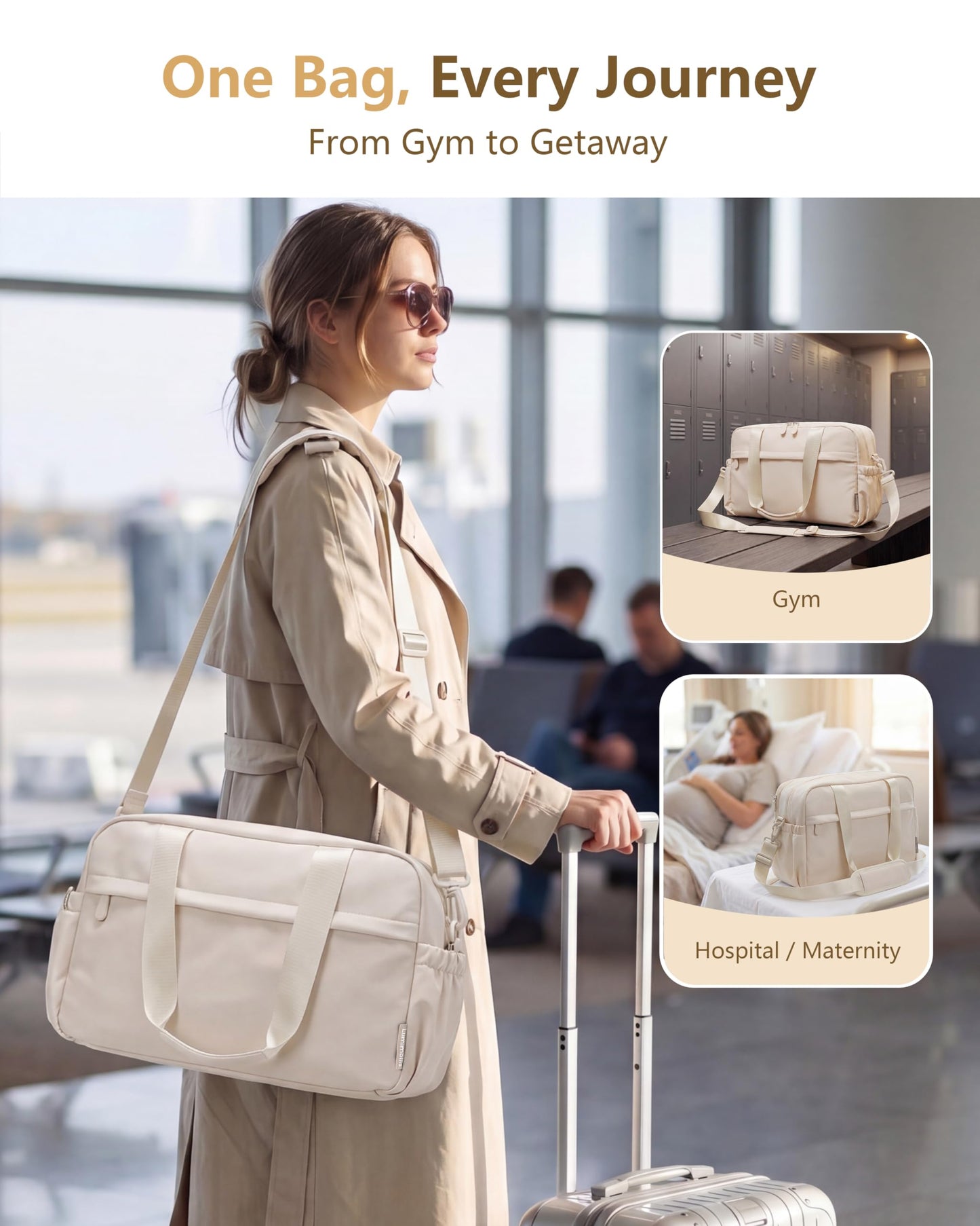 Expandable Duffle Bag for Travel, Carry On Luggage & Gym Bag for Women & Men, Small Personal Item Travel Bag, Overnight Weekender & Tote for Airplane Essentials (Beige)