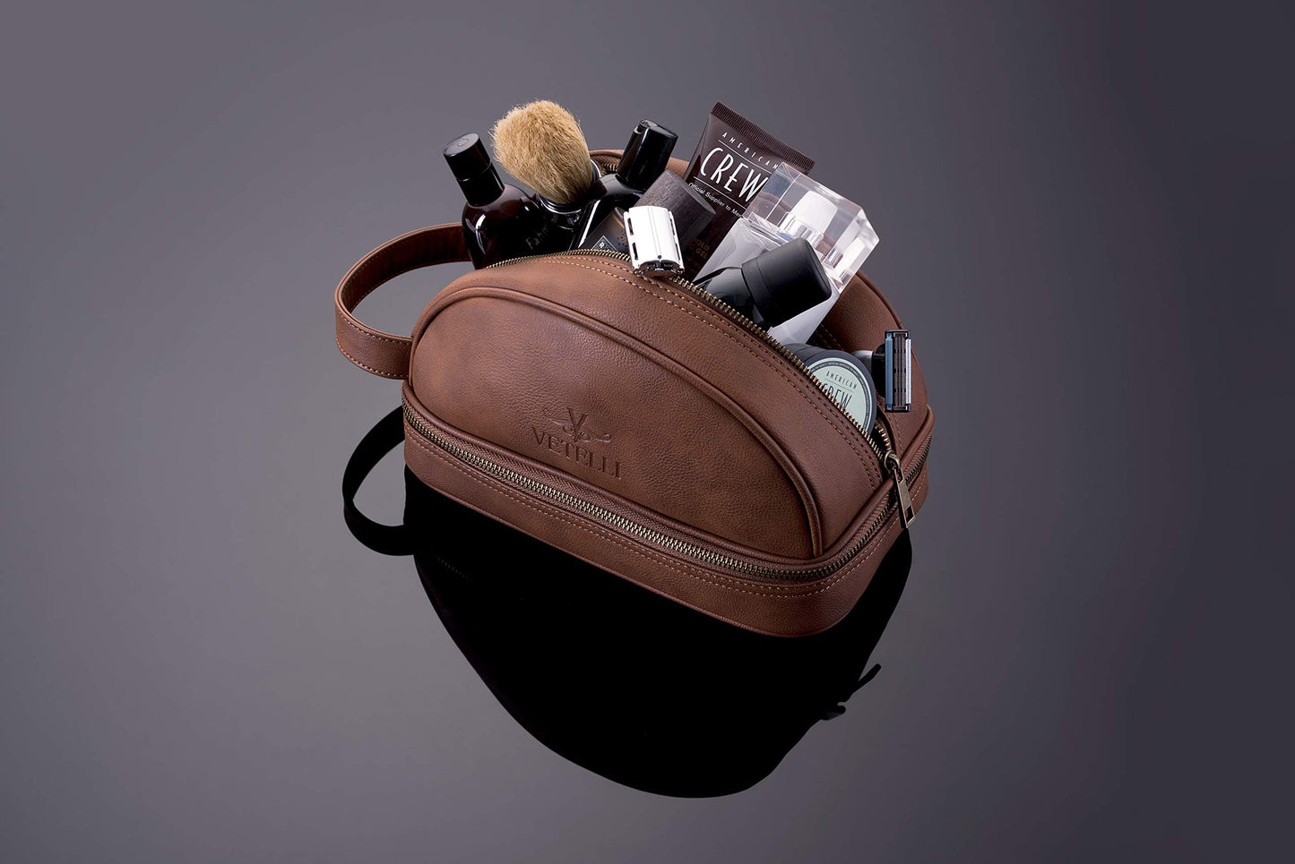 Vetell Classic Leather Men's Travel Toiletry Bag and Dopp Kit with Upper and Lower Zippered Compartments, 2 Mesh Bottle Pouches and Carrying Handle