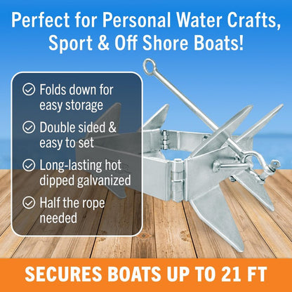 Better Boat 13lb Box Anchor for Boats up to 21ft, Folding Boat Anchor Hot Dip Galvanized, Double Sided Slide Anchor for Pontoon and Fishing Boats, Collapsible