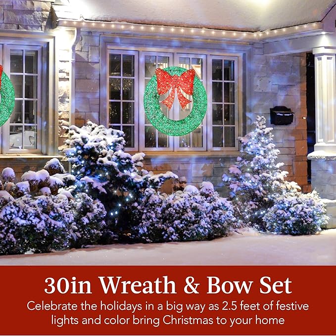 Best Choice Products 30in Pre-Lit Outdoor Christmas Wreath Decoration, LED Metal Holiday Decor for Home w/ 100 Lights, Bow - Green/Red