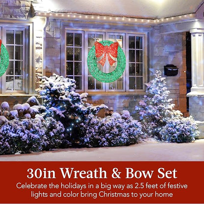 Best Choice Products 30in Pre-Lit Outdoor Christmas Wreath Decoration, LED Metal Holiday Decor for Home w/ 100 Lights, Bow - Green/Red