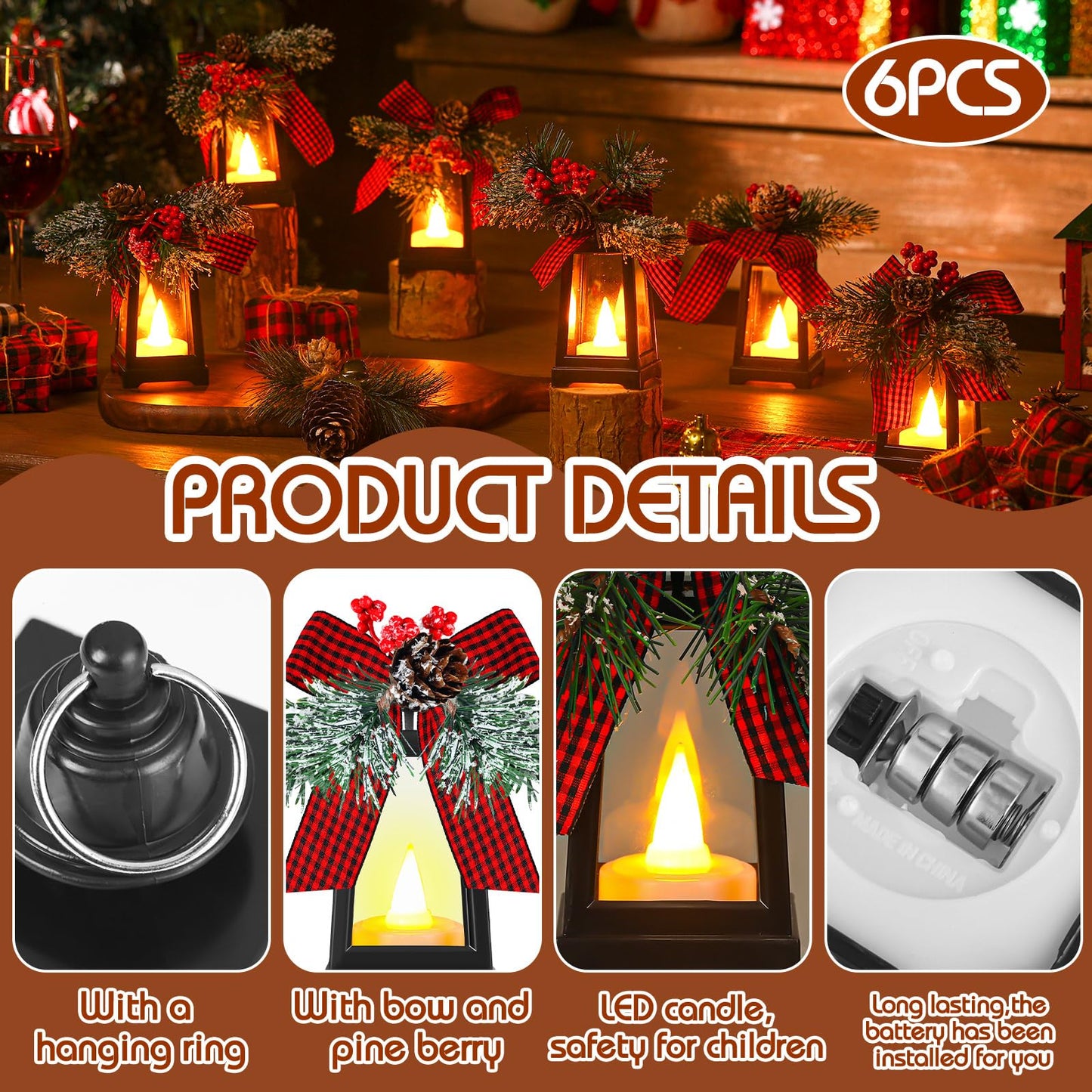 Set of 6 Christmas Mini Decorative Lanterns with Flickering LED Flameless Candle Hanging Lantern Decoration Bulk with Buffalo Plaid Bow Battery Included for Xmas Party (Red Plaid Bow)