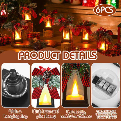 Set of 6 Christmas Mini Decorative Lanterns with Flickering LED Flameless Candle Hanging Lantern Decoration Bulk with Buffalo Plaid Bow Battery Included for Xmas Party (Red Plaid Bow)