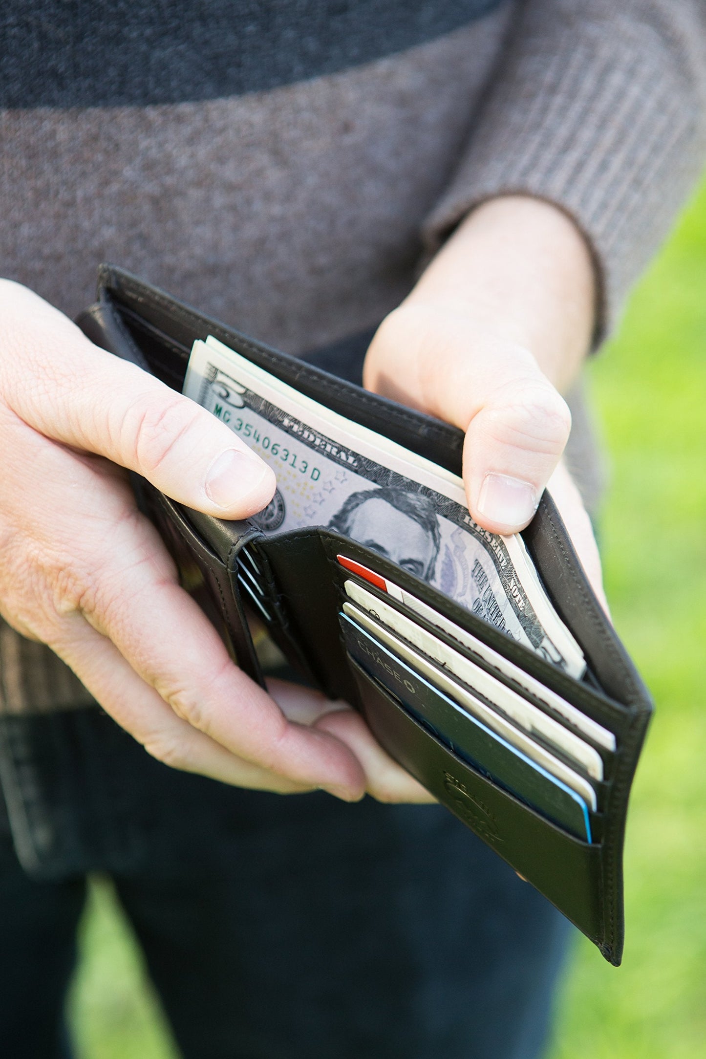 Stealth Mode Black Leather Bifold Wallet for Men With ID Window and RFID Blocking, One Size