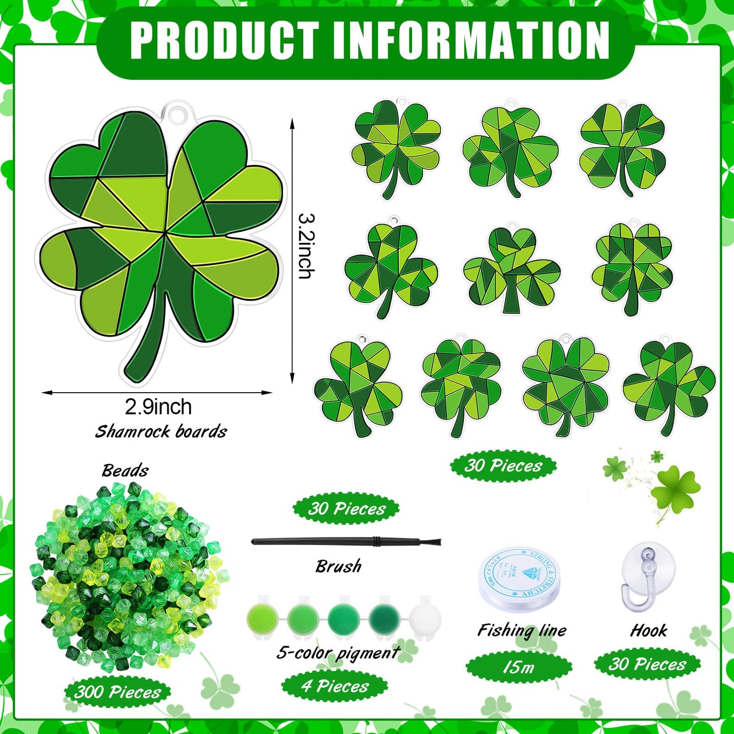 Beeveer 30 Sets St. Patricks Day Shamrock Clover Suncatchers Window Art, Lucky DIY Irish Sun Catchers Bulk Crafts Paint Your Own Window Ornaments for Adults Home Birthday Activity Party Decor
