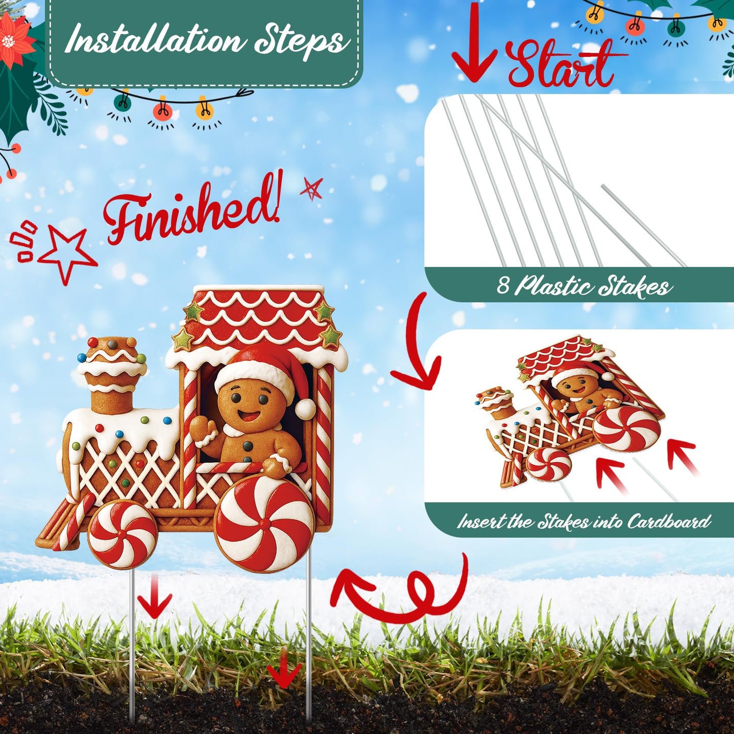 Marsui 4 Pcs Christmas Train Decoration Yard Sign with 4 LED Light Lawn Sign Christmas Red Gingerbread Penguin Snowman Train Set with 8 Stake for Xmas Garden Outdoor Holiday Party Decor